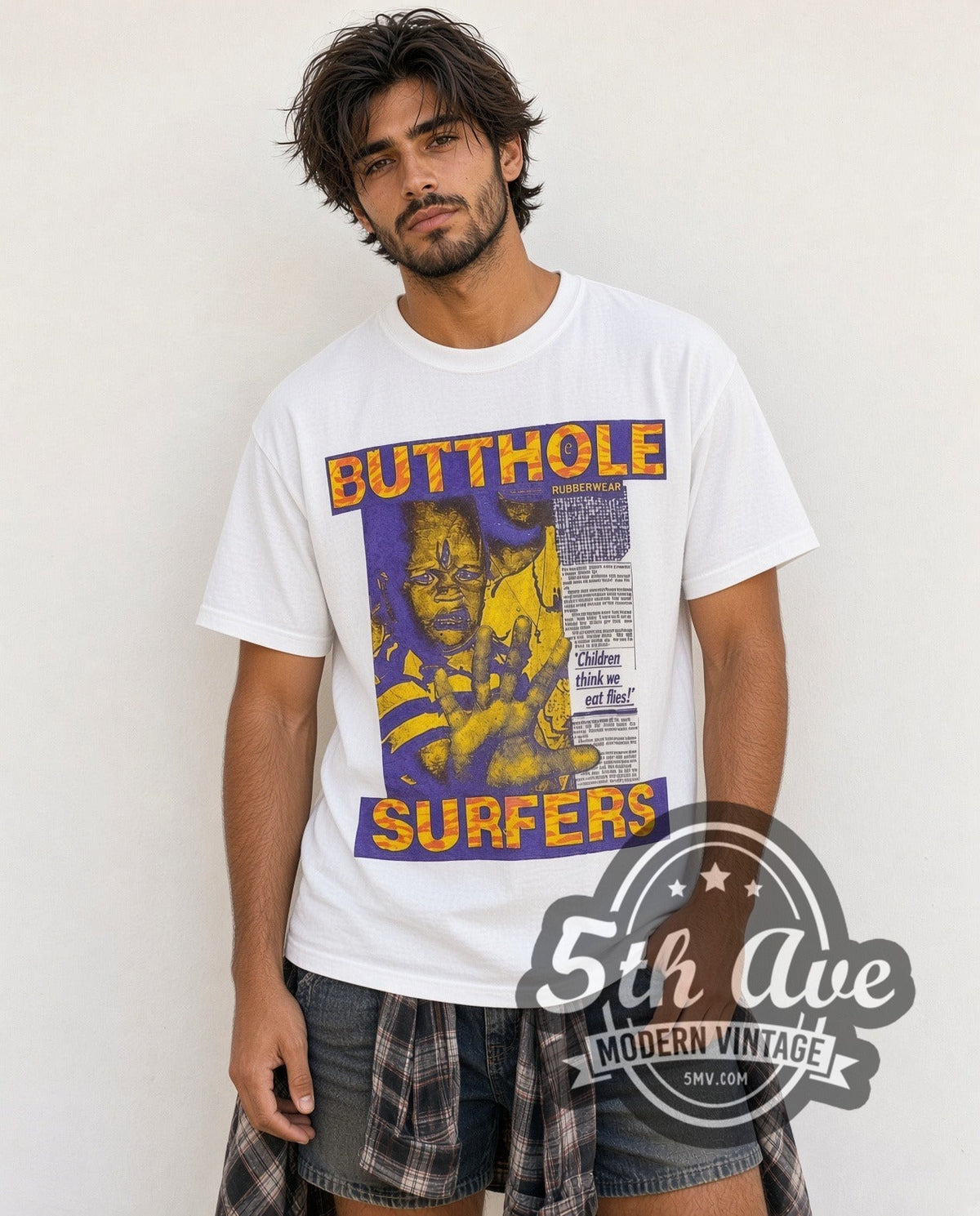 Model wearing the Butthole Surfers Children Think We Eat Flies vintage band t-shirt in white