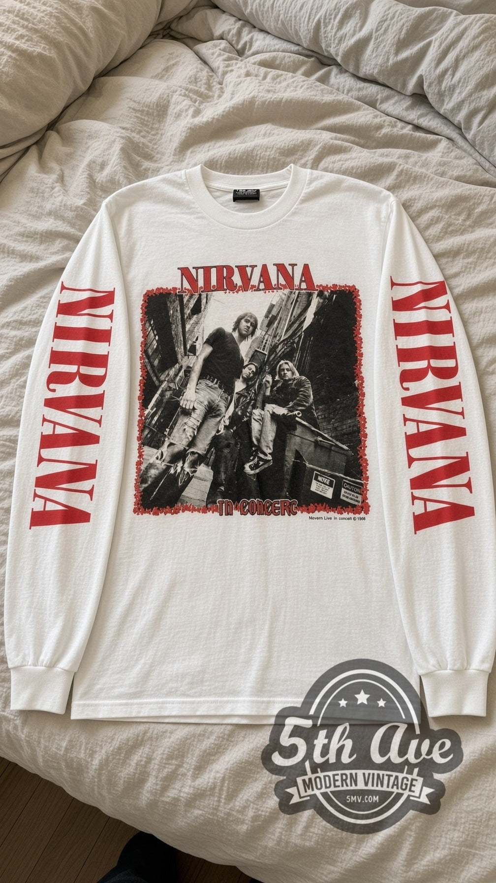 Nirvana In Concert vintage band long sleeve tee in white laid flat
