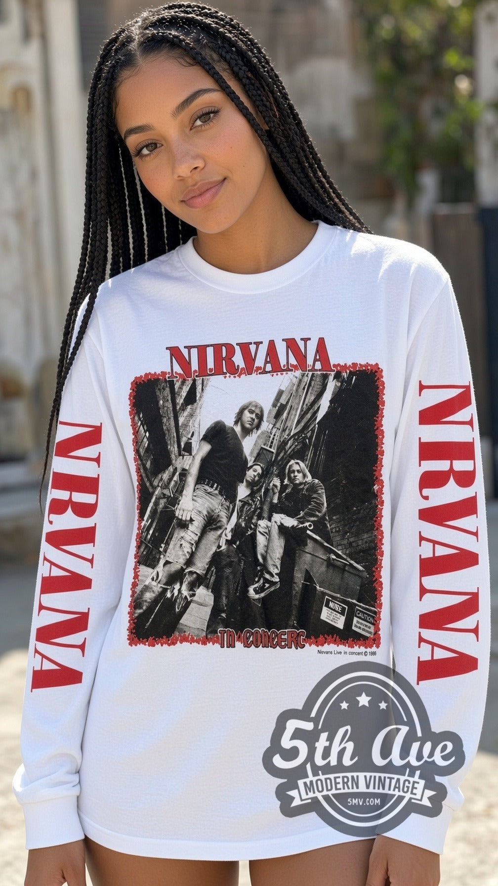 Model wearing the Nirvana In Concert vintage band long sleeve t-shirt in white