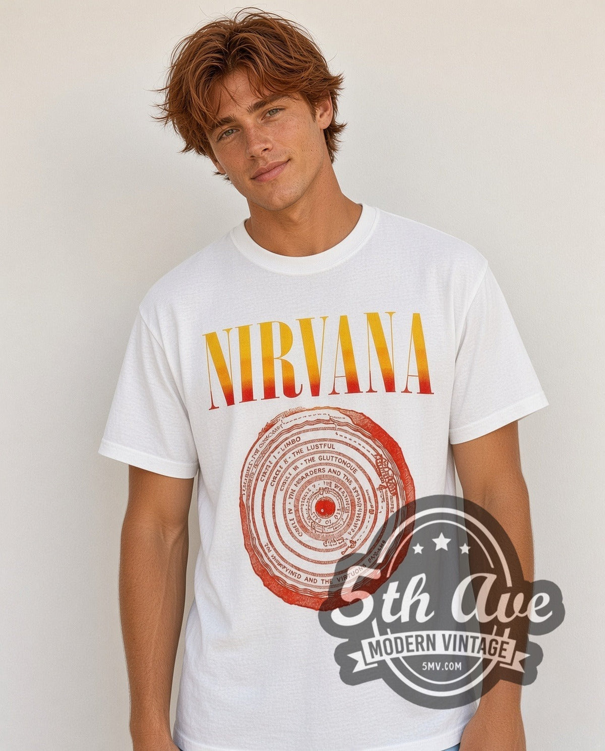 Model wearing the Nirvana Circles of Hell Yellow Logo White vintage band t-shirt in white