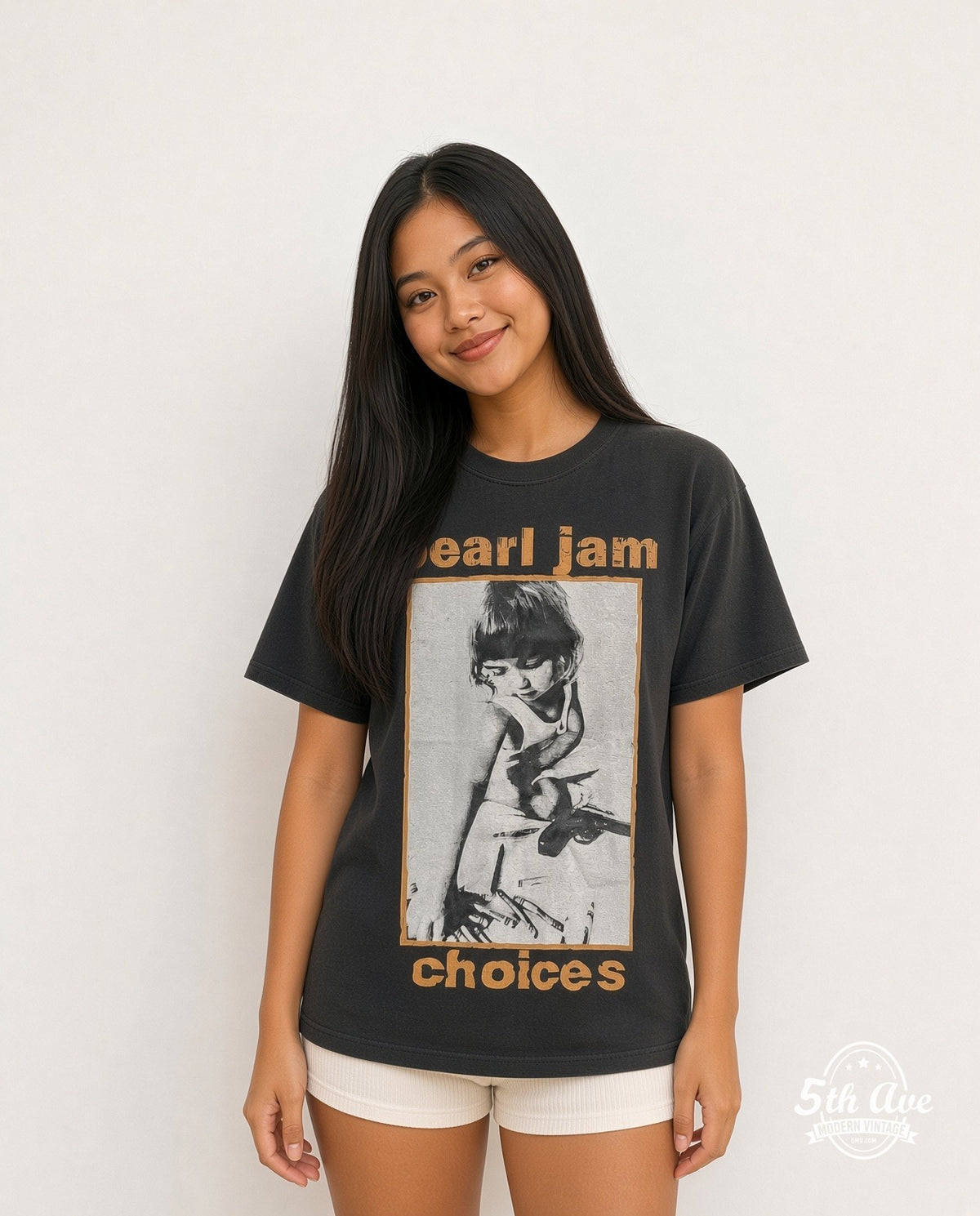 Model wearing the Pearl Jam Choices / Crayons to Guns vintage band t-shirt in black