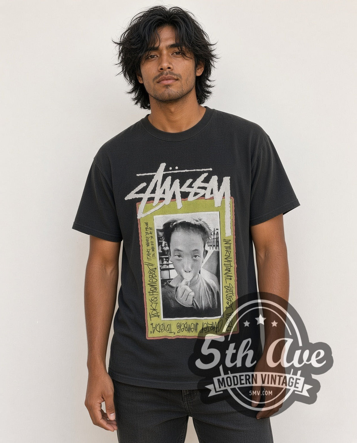 Model wearing the Stussy Tokyo Homeboy Toyoda vintage graphic tee in black