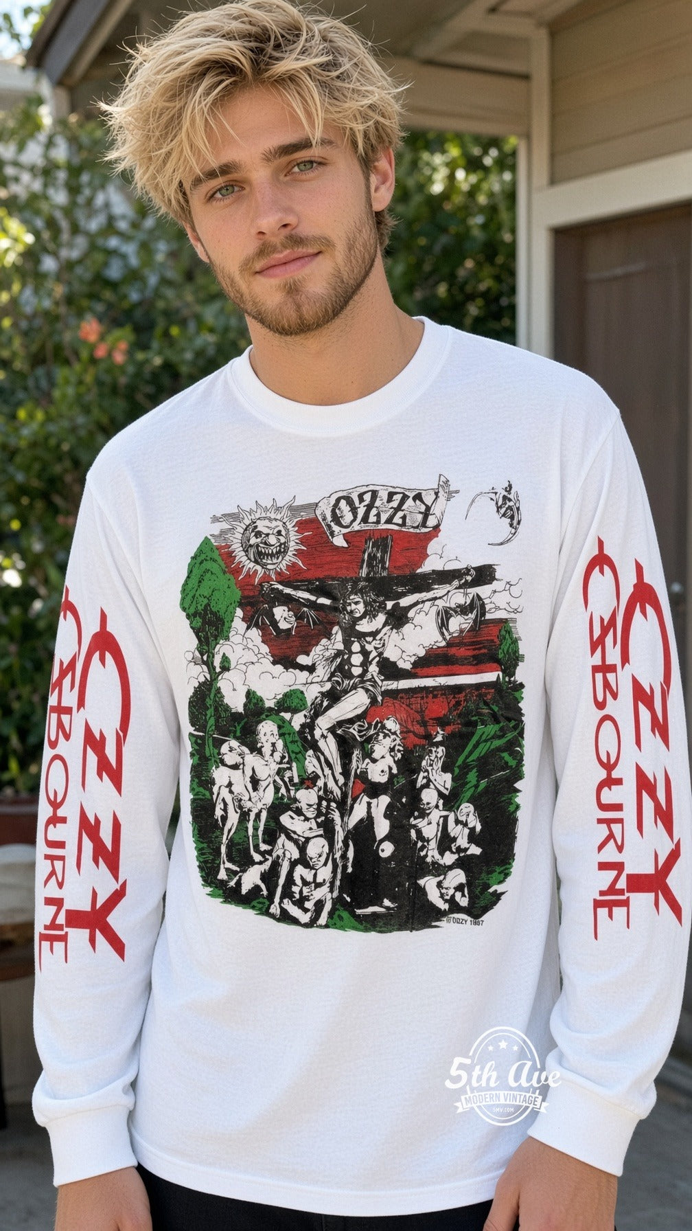ETS LS 65 Ozzy Osbourne Crucifixion Cartoon long sleeve vintage tee worn by a model