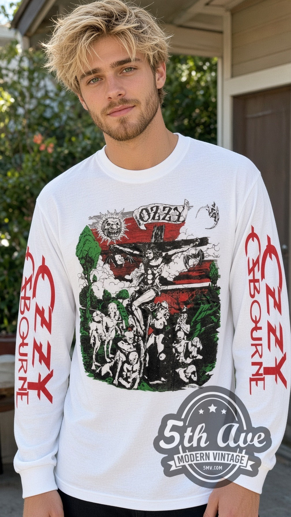 Model wearing the Ozzy Osbourne Crucifixion Cartoon vintage band long sleeve t-shirt