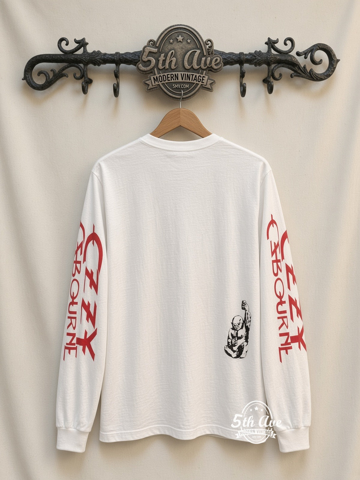 ETS LS 65 Ozzy Osbourne Crucifixion Cartoon long sleeve vintage tee on rack, back