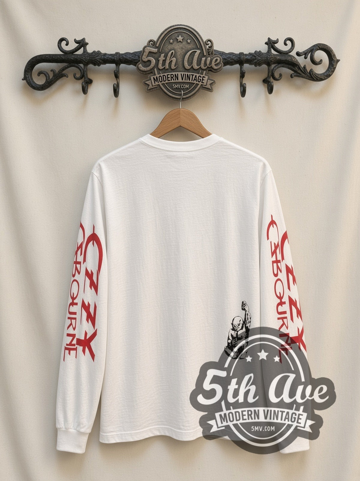 Ozzy Osbourne Crucifixion Cartoon vintage band long sleeve t-shirt, back view on a display rack