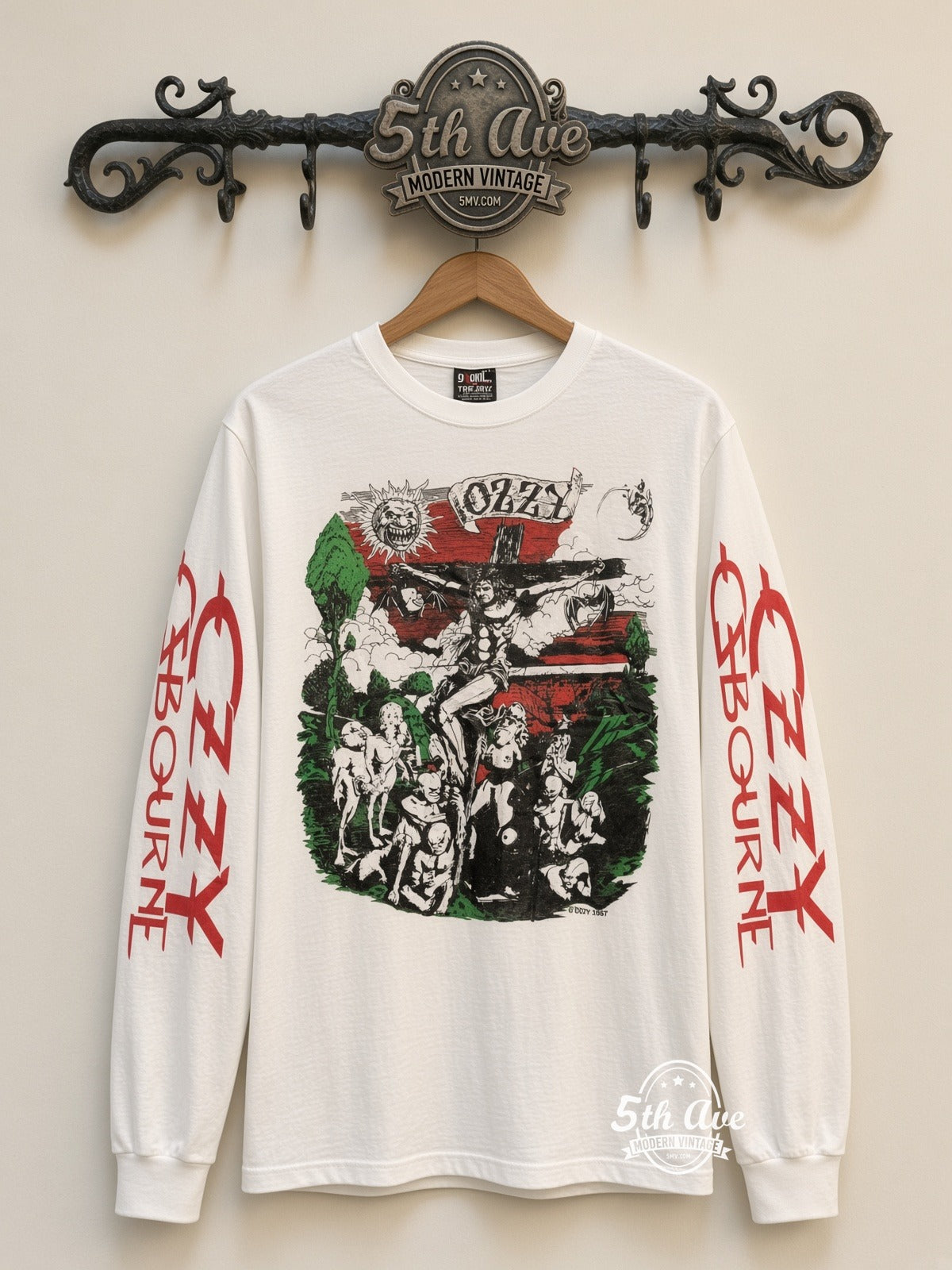 ETS LS 65 Ozzy Osbourne Crucifixion Cartoon long sleeve vintage tee on rack, front