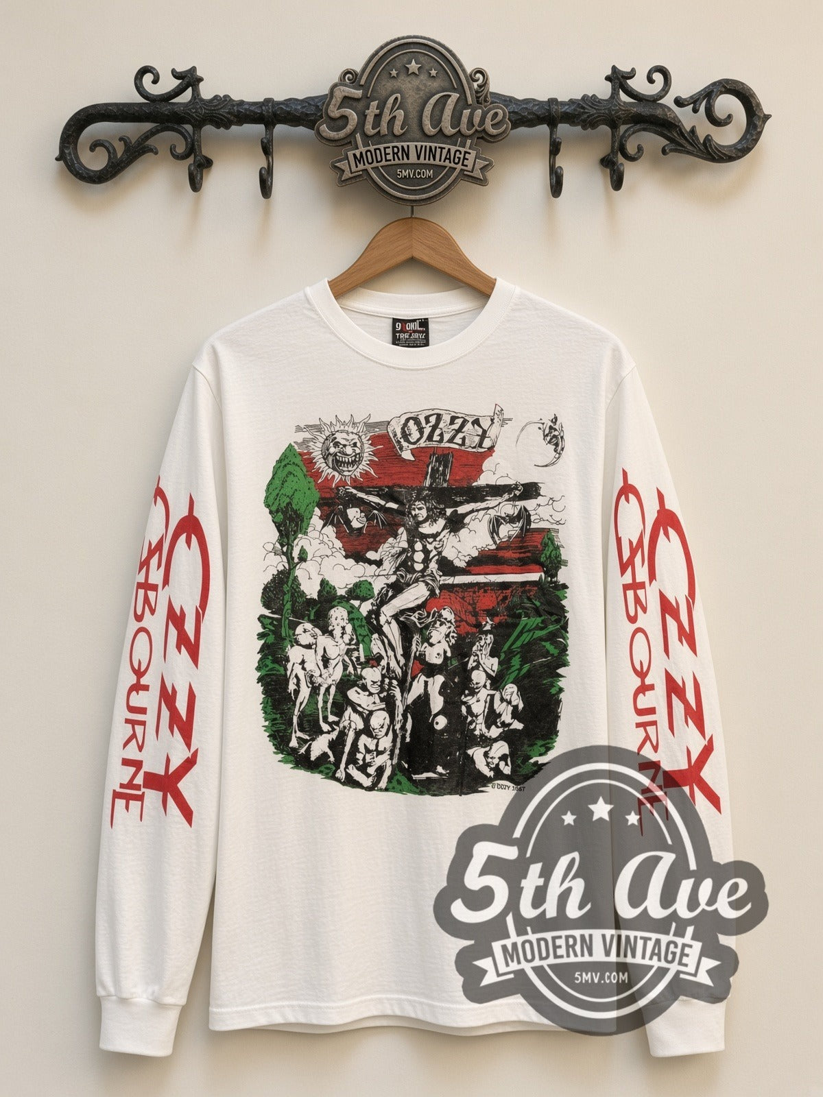 Ozzy Osbourne Crucifixion Cartoon vintage band long sleeve t-shirt, front view on a display rack