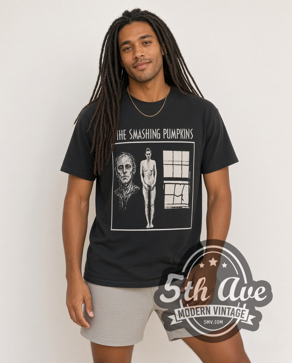 Model wearing The Smashing Pumpkins Zero Figure Concentric Circle Back vintage band t-shirt in black