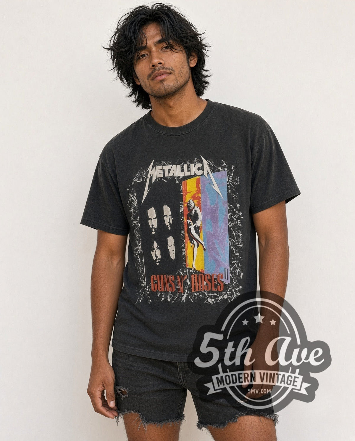 Model wearing the Metallica and Guns N' Roses Stadium Tour 1992 vintage band t-shirt in black