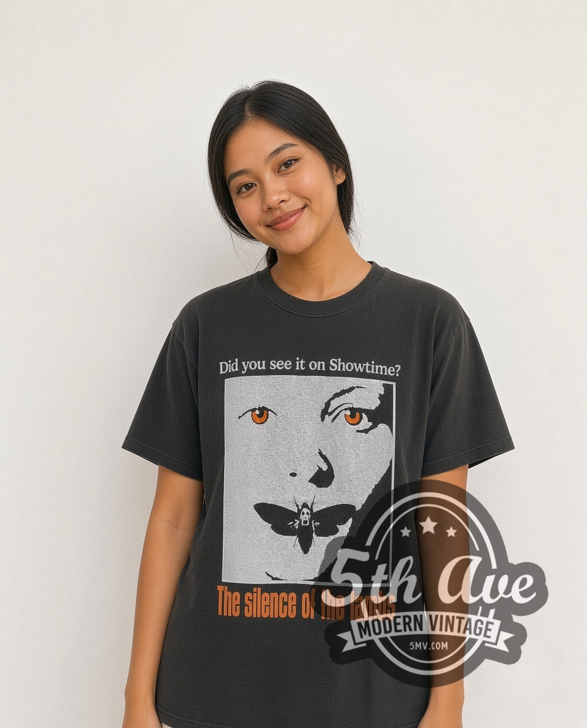 Model wearing The Silence of the Lambs Showtime vintage graphic t-shirt