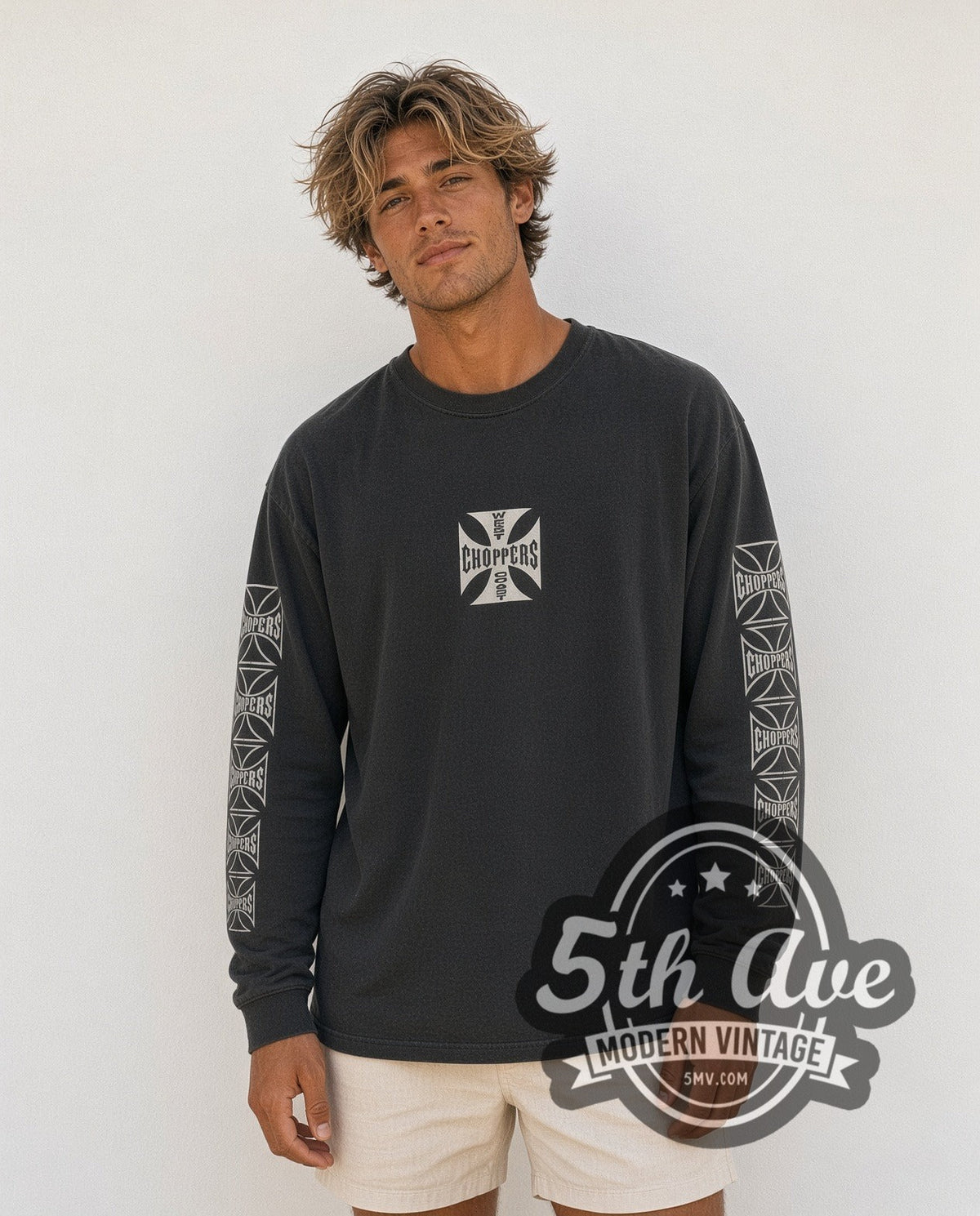 Model wearing the West Coast Choppers Long Beach California vintage biker long sleeve t-shirt