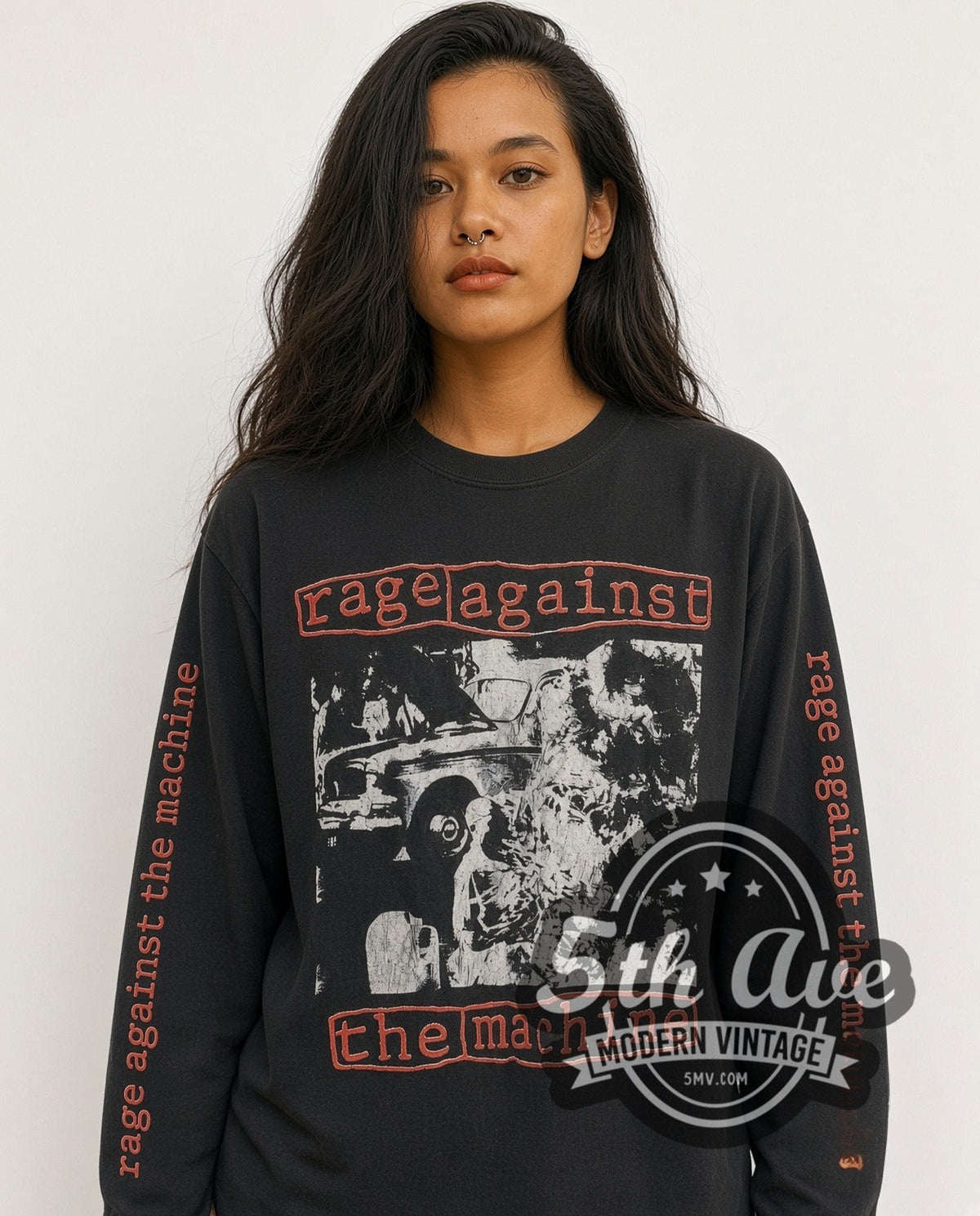 Model wearing the Rage Against the Machine Burning Monk I Won't Do What You Tell Me long sleeve vintage band t-shirt in black