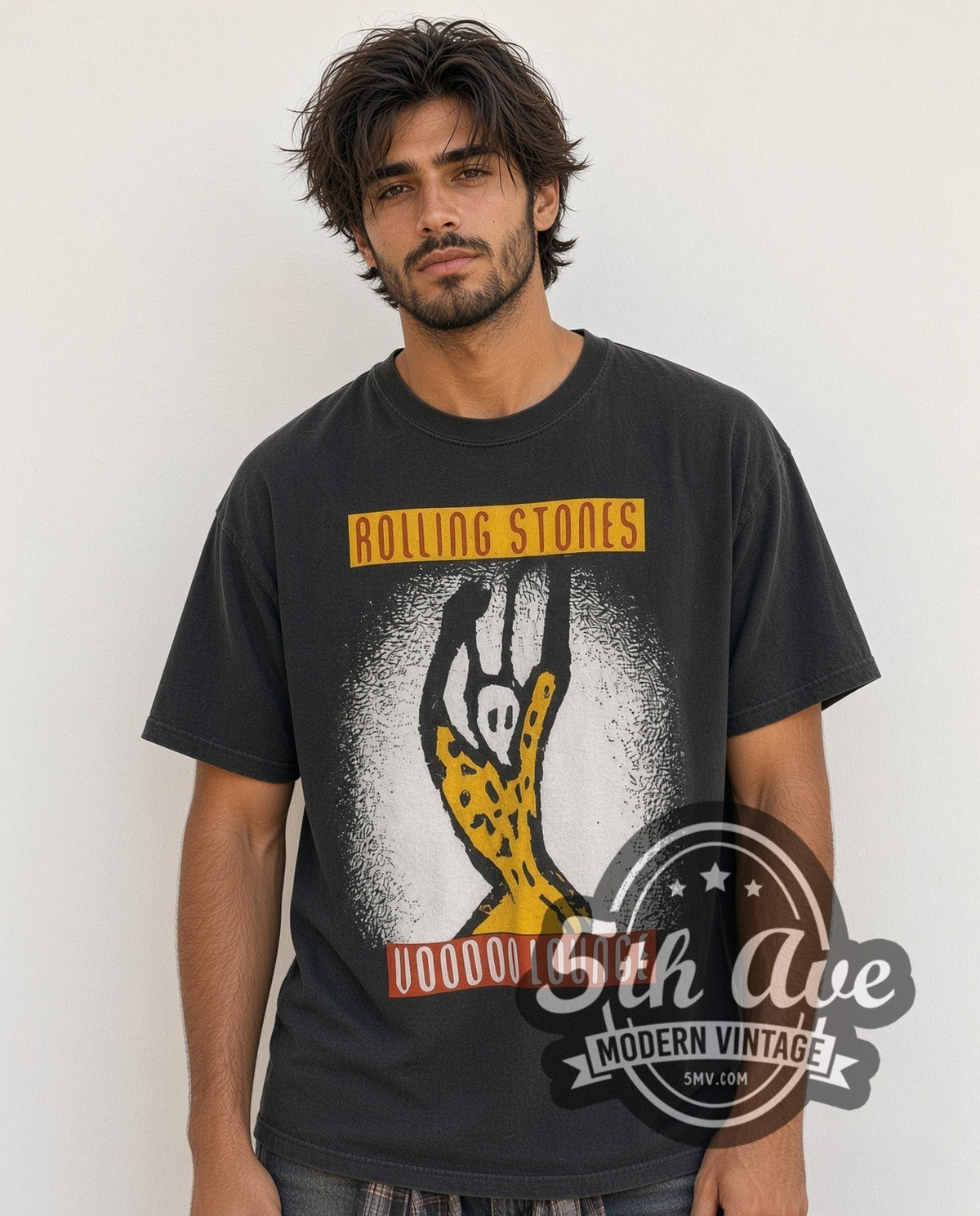 Model wearing The Rolling Stones Voodoo Lounge European Tour 1995 vintage band t-shirt in black