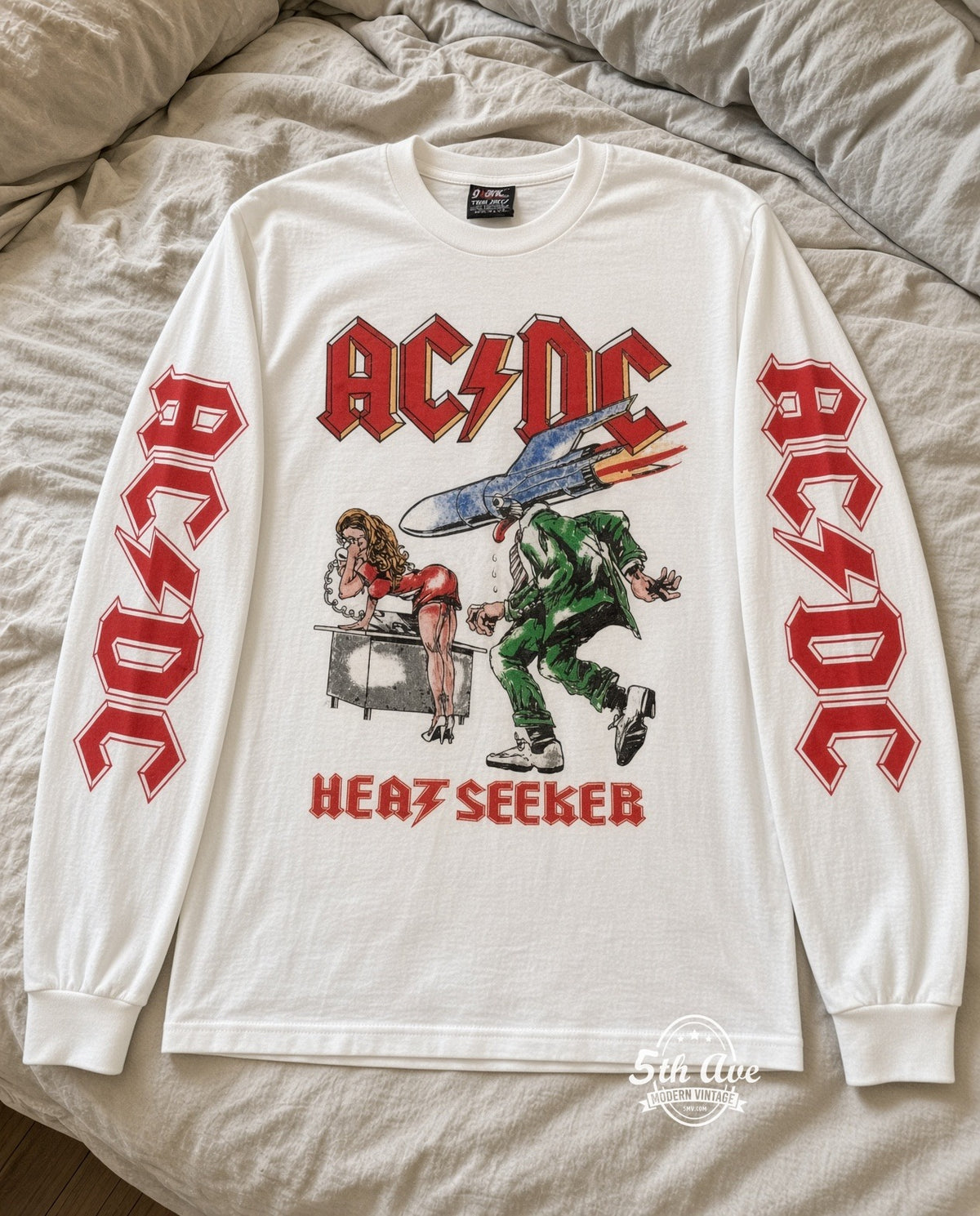 ETS LS 66 AC/DC Heatseeker long sleeve vintage tee laid on a bed