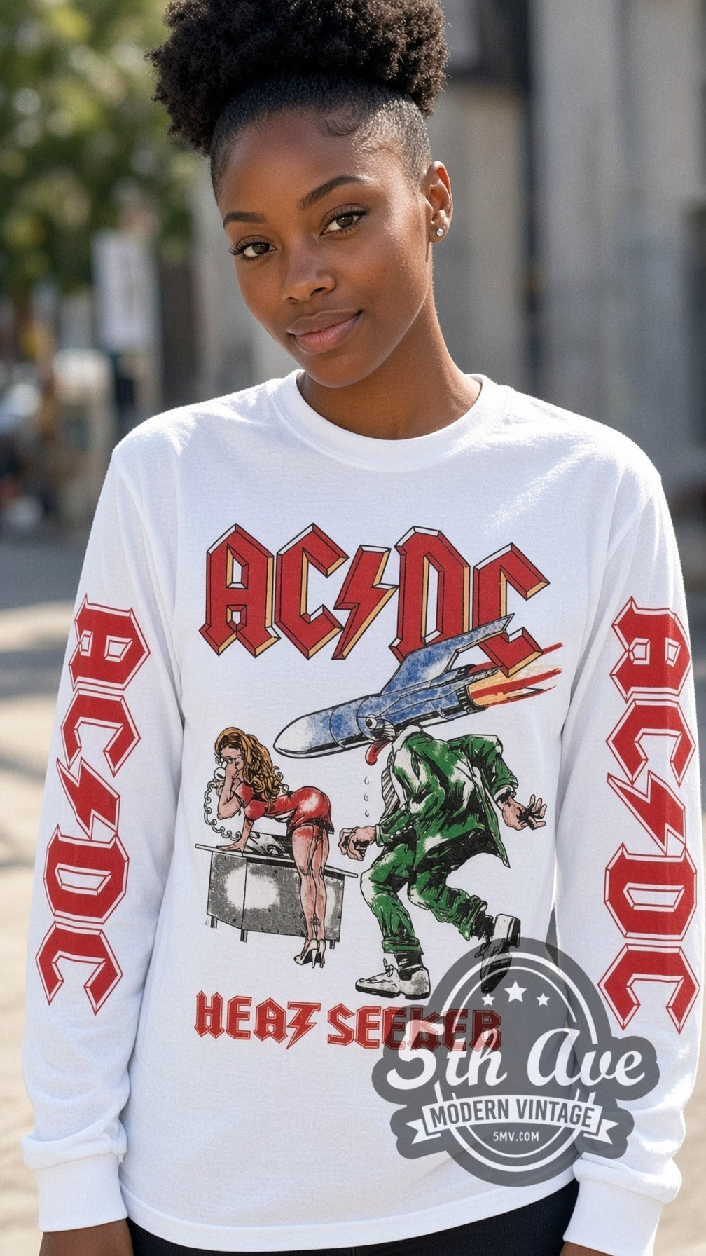 Model wearing the AC/DC Heatseeker vintage band long sleeve t-shirt