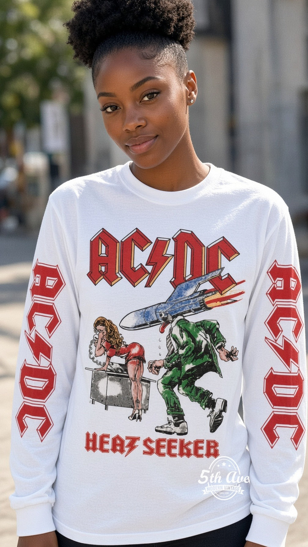 ETS LS 66 AC/DC Heatseeker long sleeve vintage tee worn by a model
