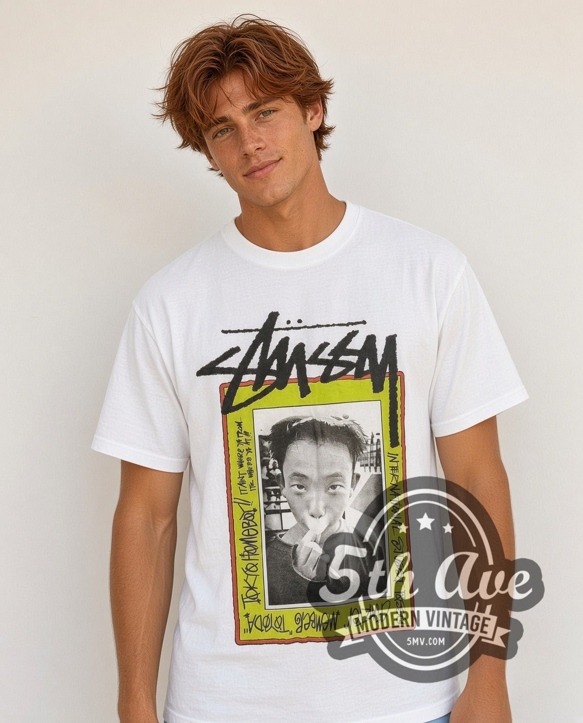 Model wearing the Stussy Toyoda Tokyo Homeboy vintage graphic tee in white