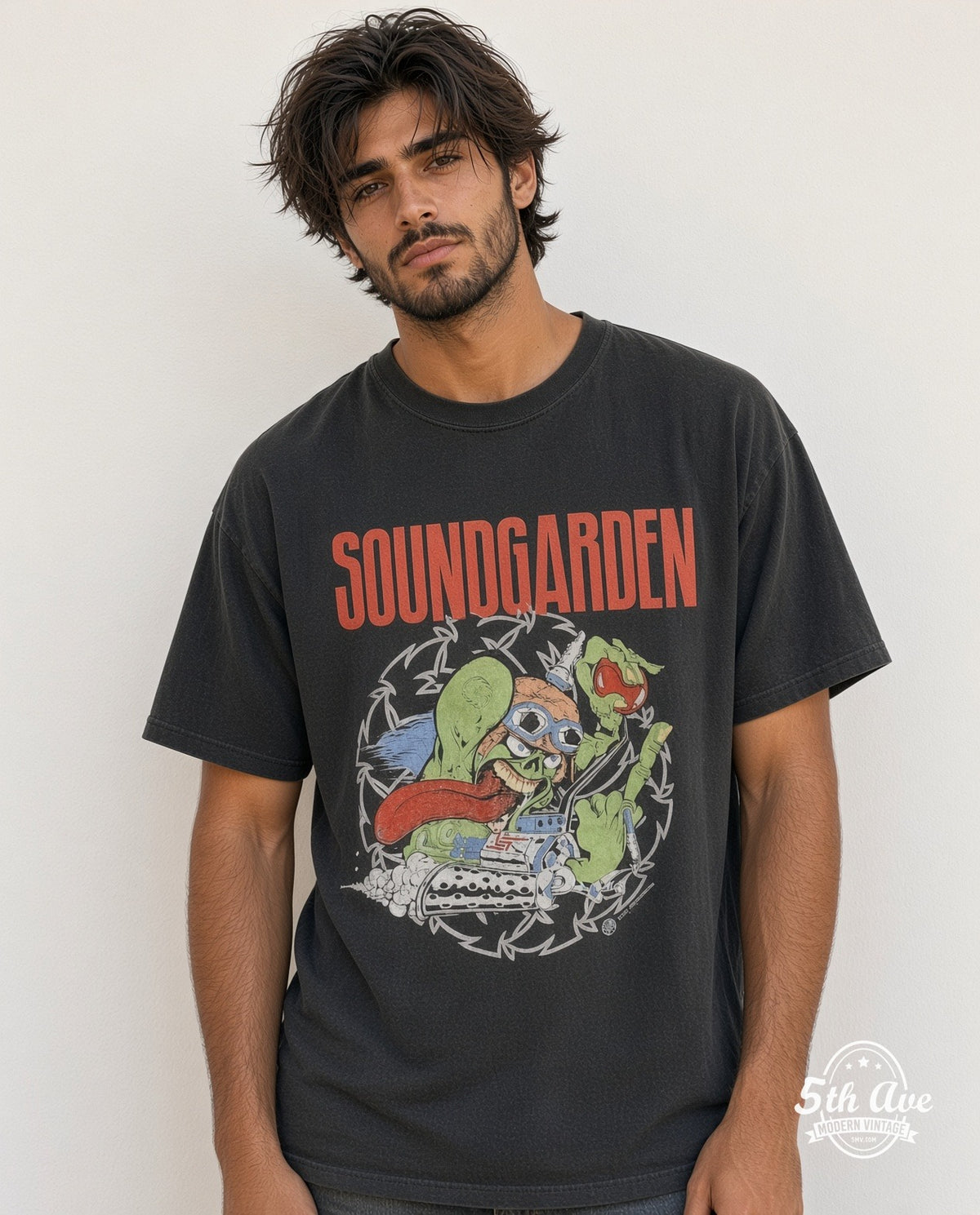 Model wearing the Soundgarden Badmotorfinger Melt vintage band t-shirt in black
