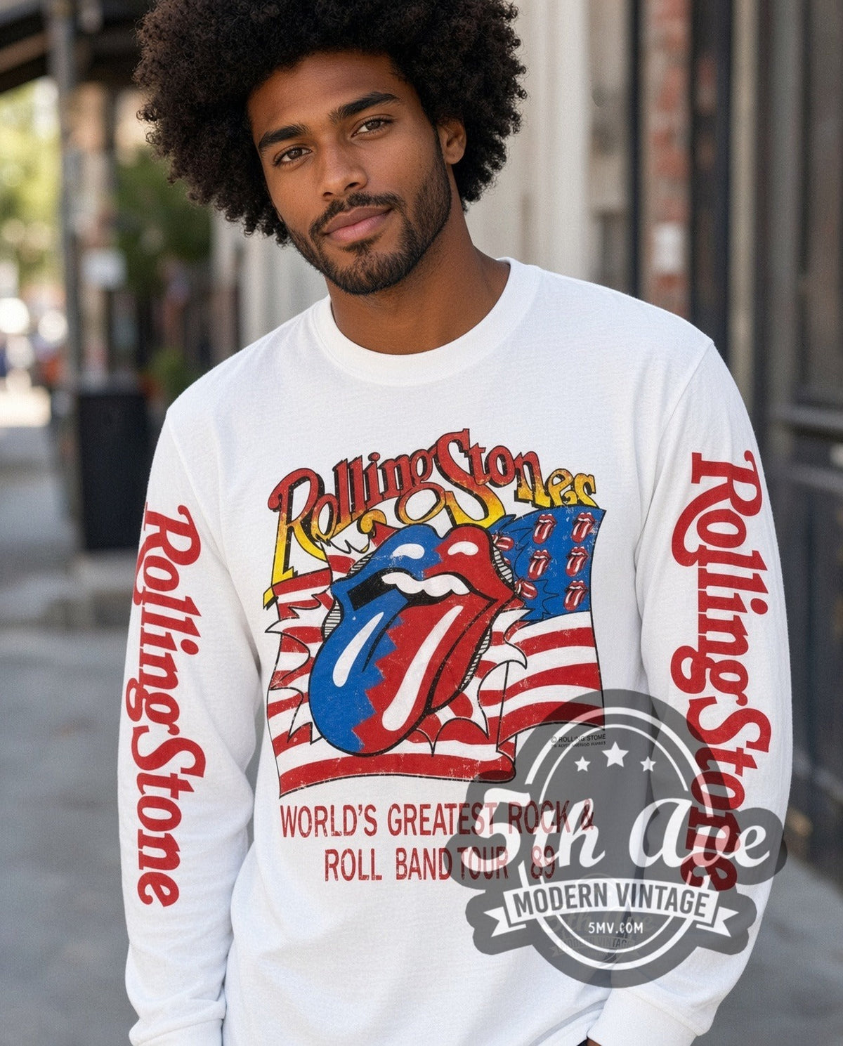 Model wearing The Rolling Stones Tour 89 Tongue Flag vintage band long sleeve t-shirt