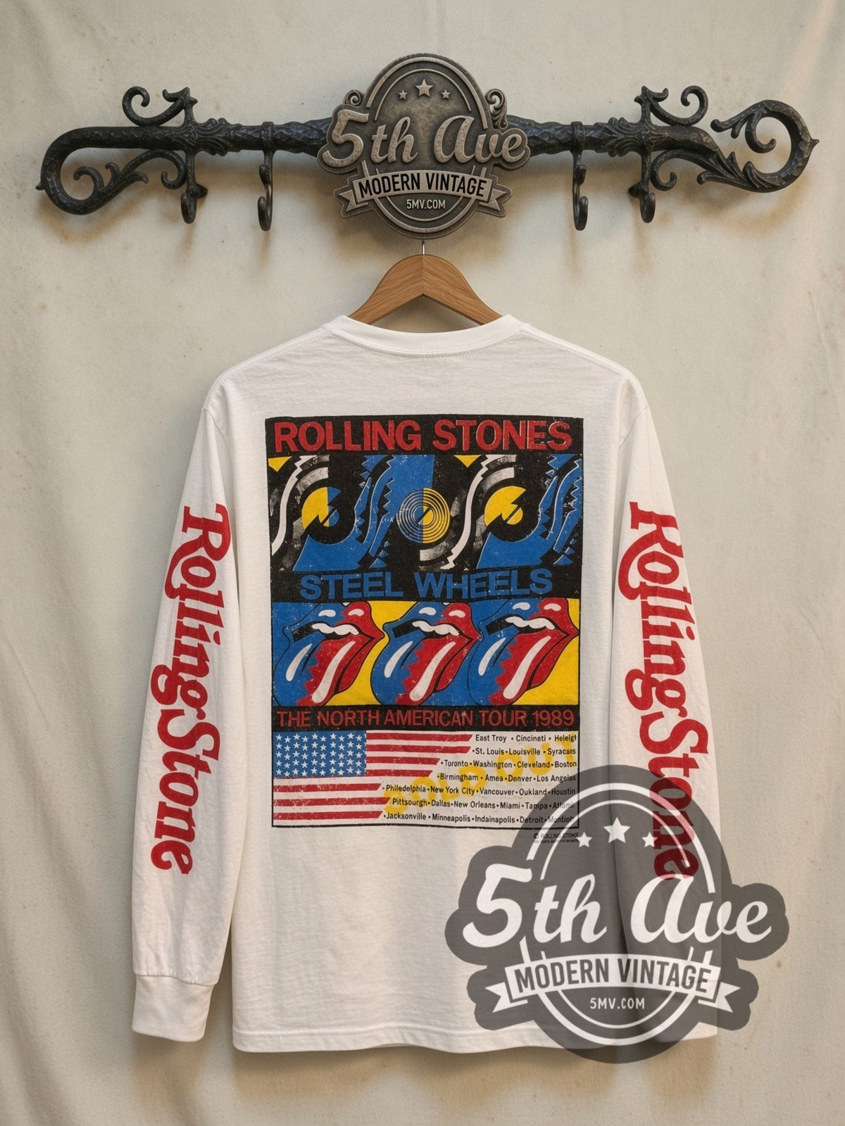 The Rolling Stones Tour 89 Tongue Flag vintage band long sleeve t-shirt, back view on a display rack