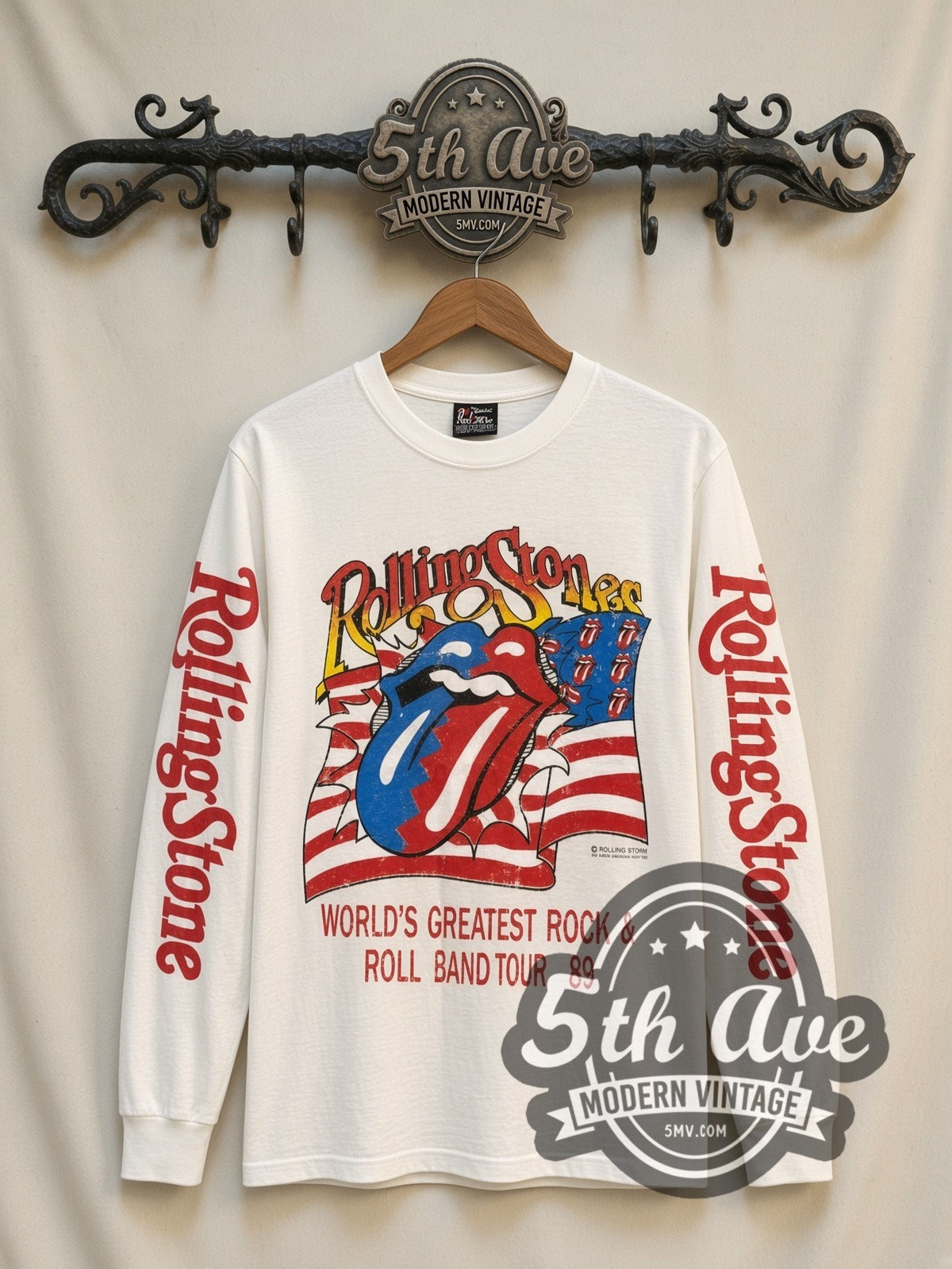 The Rolling Stones Tour 89 Tongue Flag vintage band long sleeve t-shirt, front view on a display rack