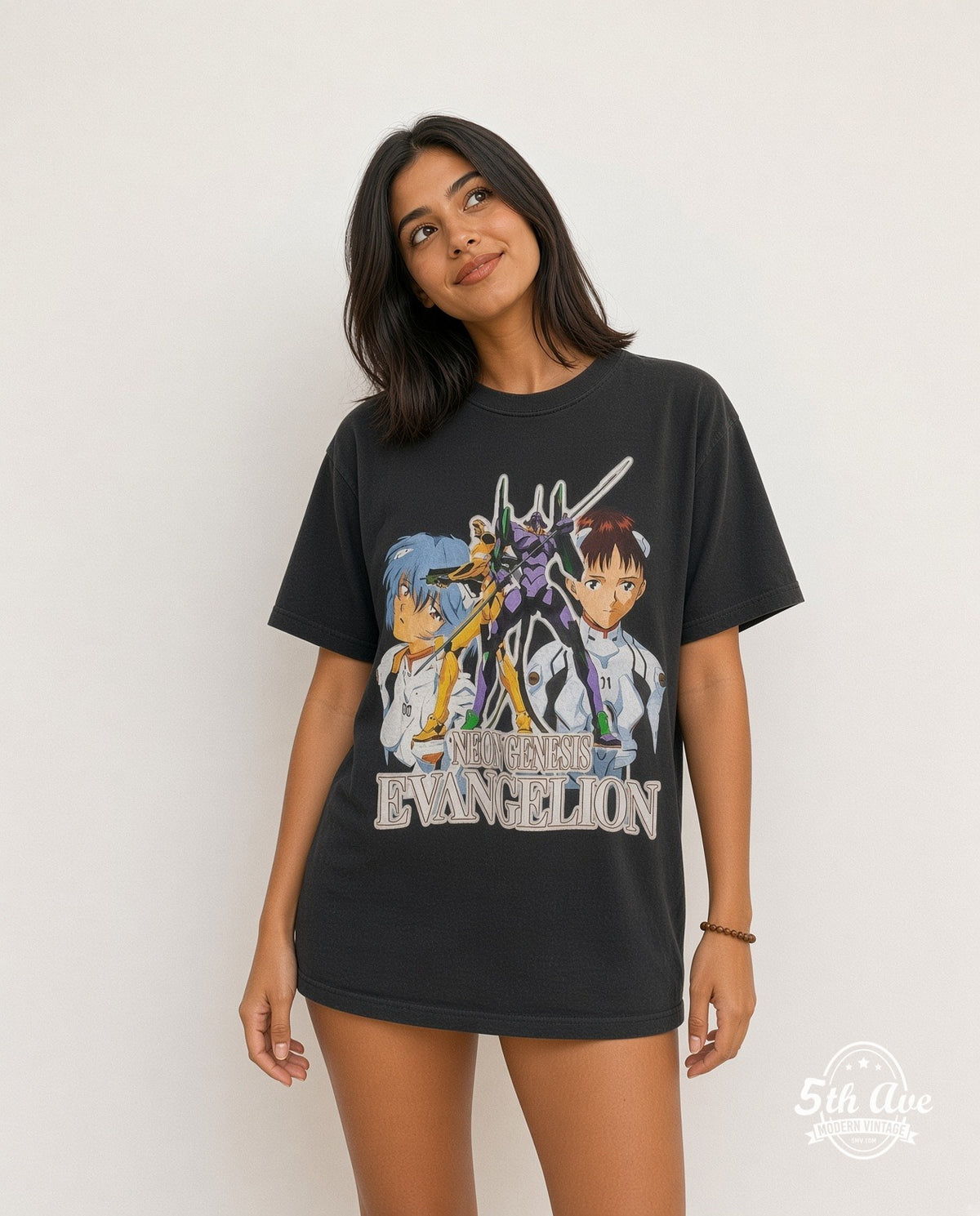 Model wearing the Neon Genesis Evangelion Shinji and Rei anime tee in black