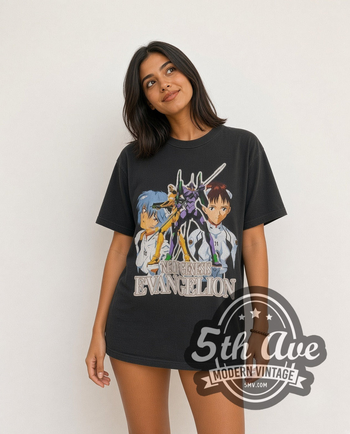 Model wearing the Neon Genesis Evangelion Shinji and Rei vintage anime t-shirt