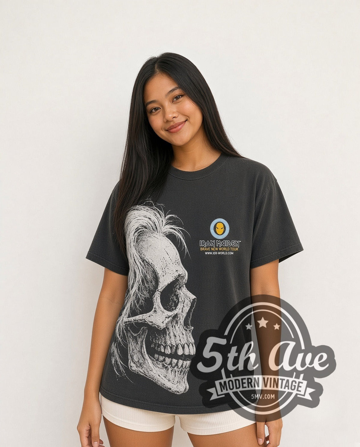 Model wearing the Iron Maiden Brave New World Tour all-over-print vintage band t-shirt in black