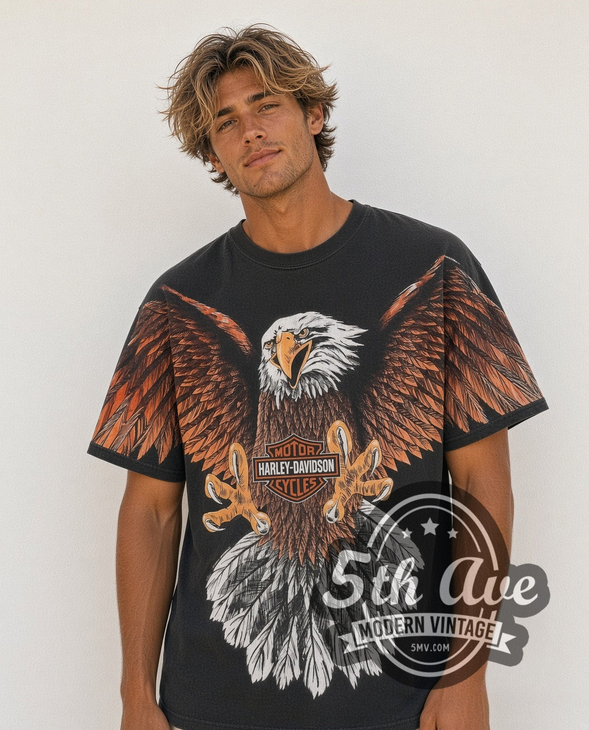 Model wearing the Harley-Davidson Eagle all-over-print vintage Harley tee in black