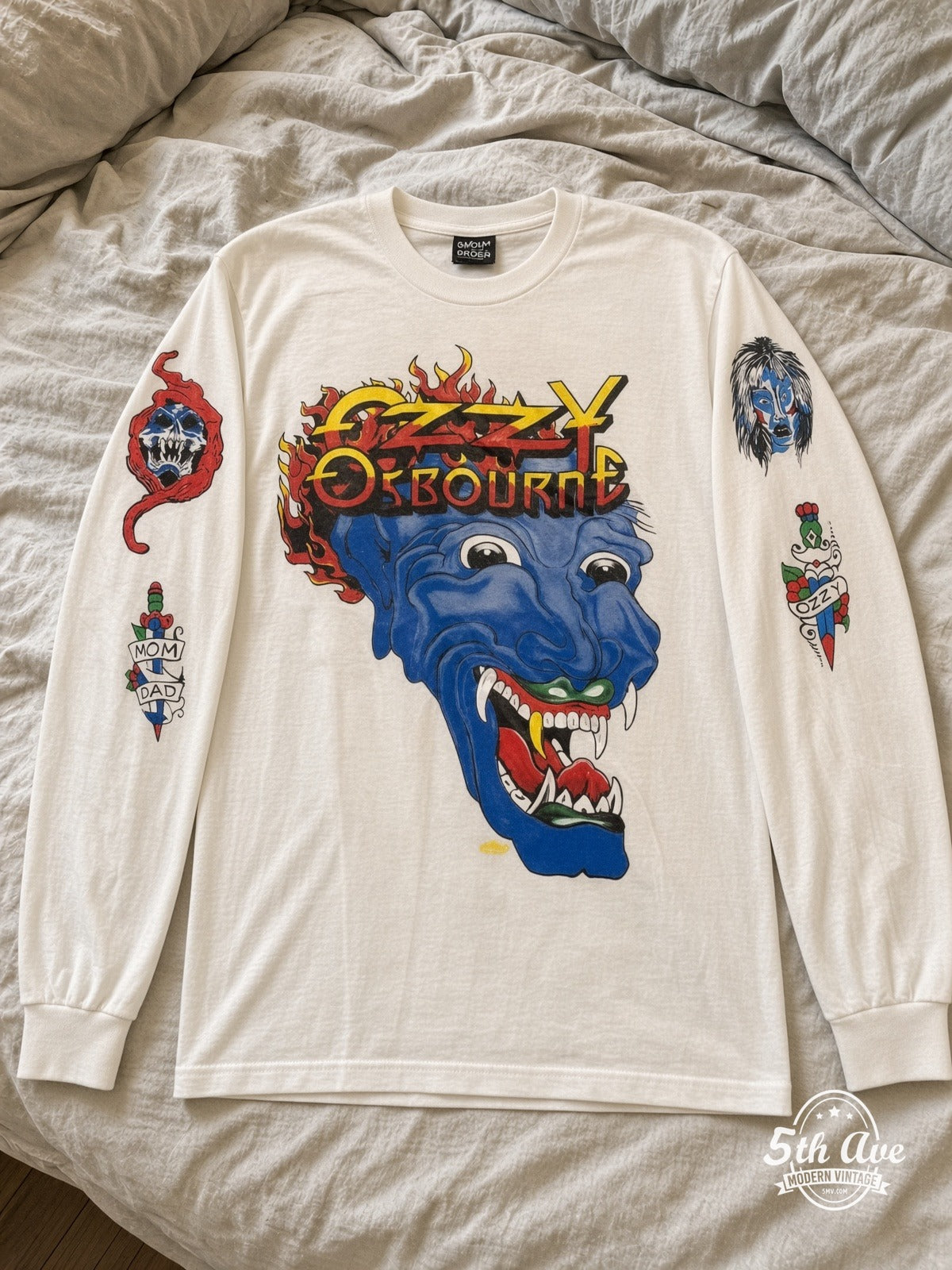 ETS LS 68 Ozzy Osbourne Blue Demon long sleeve vintage tee laid on a bed