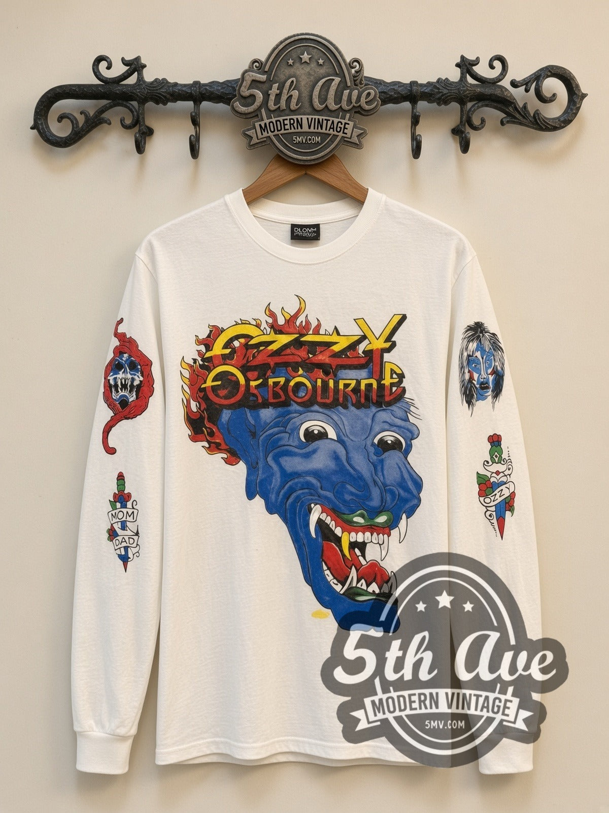 Ozzy Osbourne Blue Demon vintage band long sleeve t-shirt, front view on a display rack