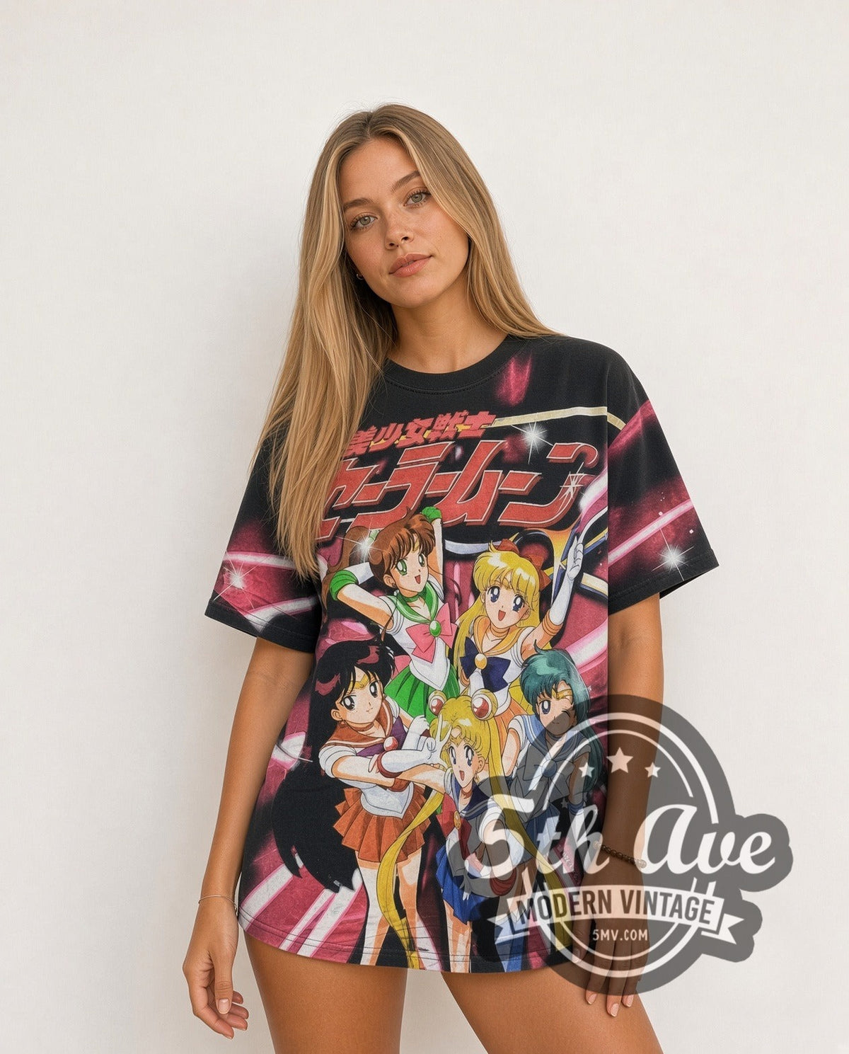Model wearing the Sailor Moon Sailor Guardians all-over-print vintage anime t-shirt