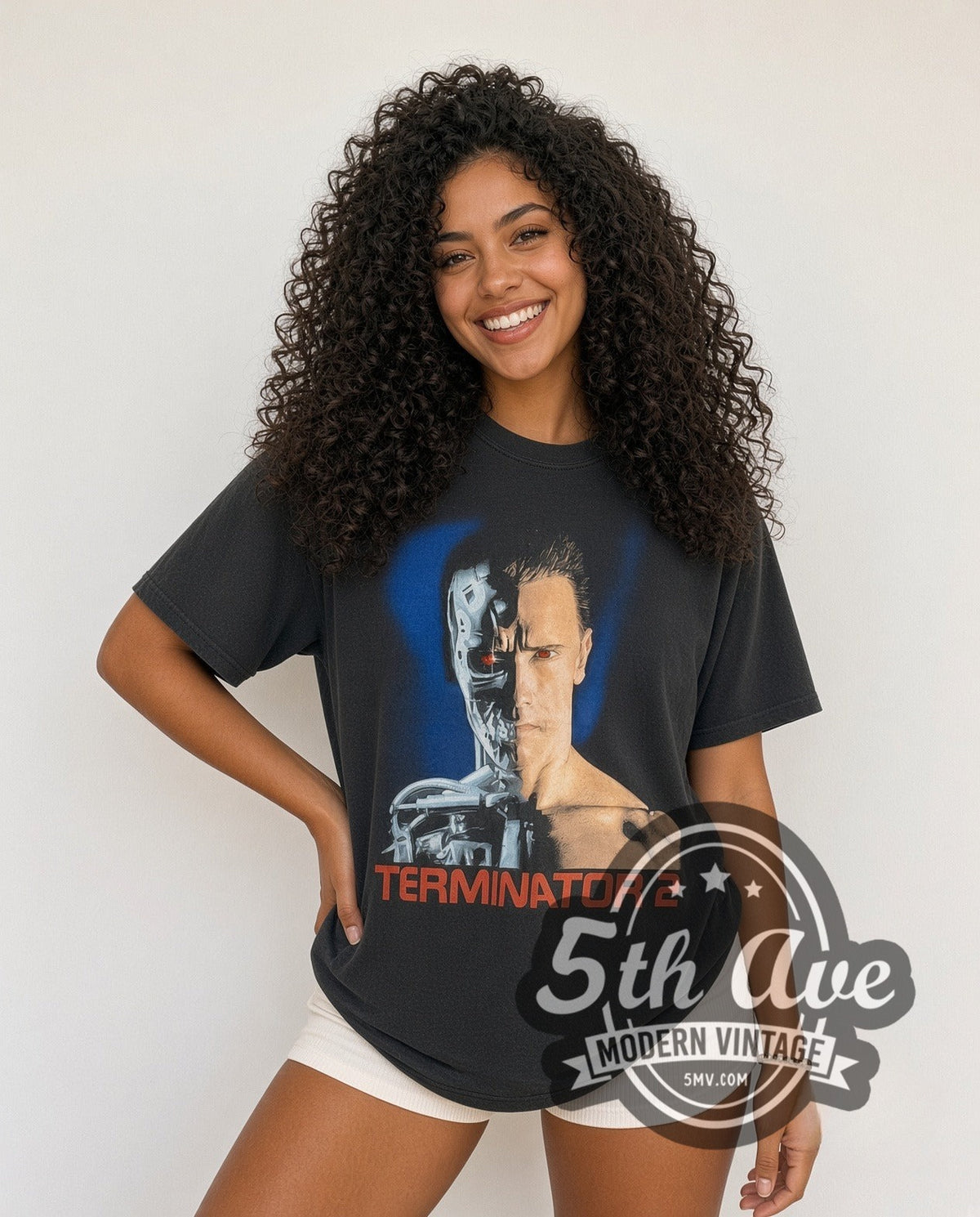 Model wearing the Terminator 2 Judgment Day vintage movie t-shirt