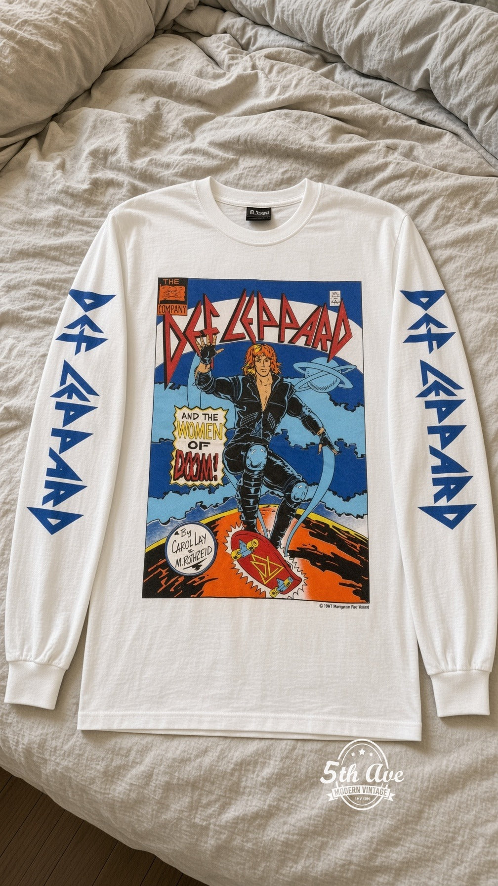 ETS LS 69 Def Leppard Women of Doom long sleeve vintage tee laid on a bed