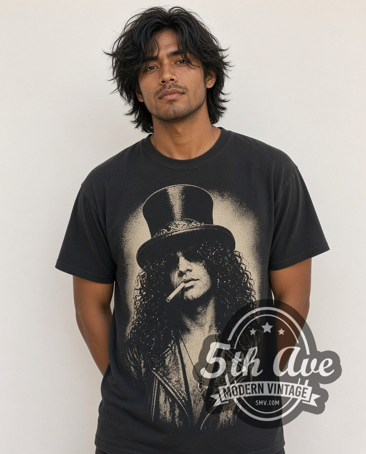 Model wearing the Guns N Roses Slash Top Hat vintage band t-shirt