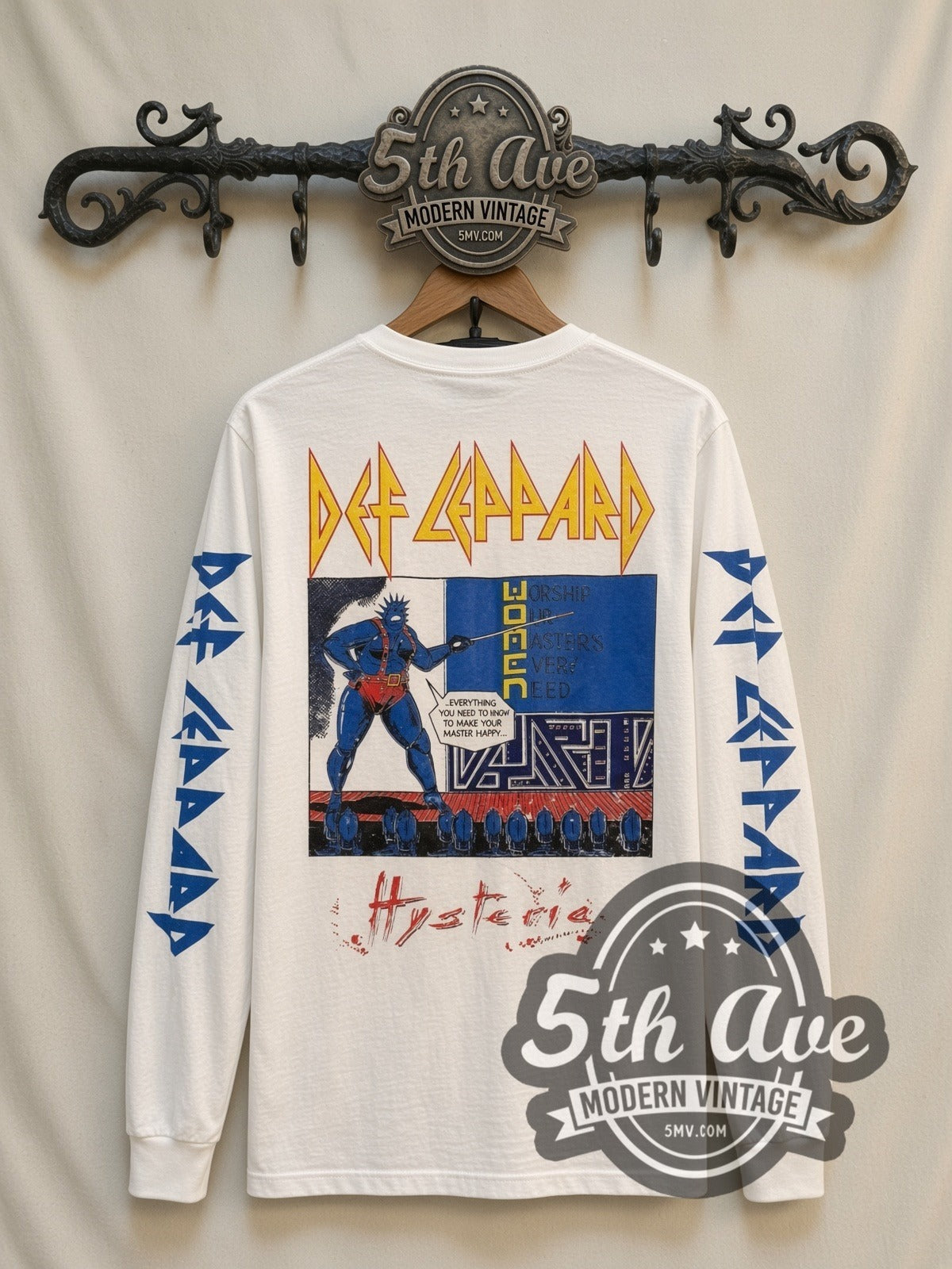 Def Leppard Women of Doom vintage band long sleeve t-shirt, back view on a display rack