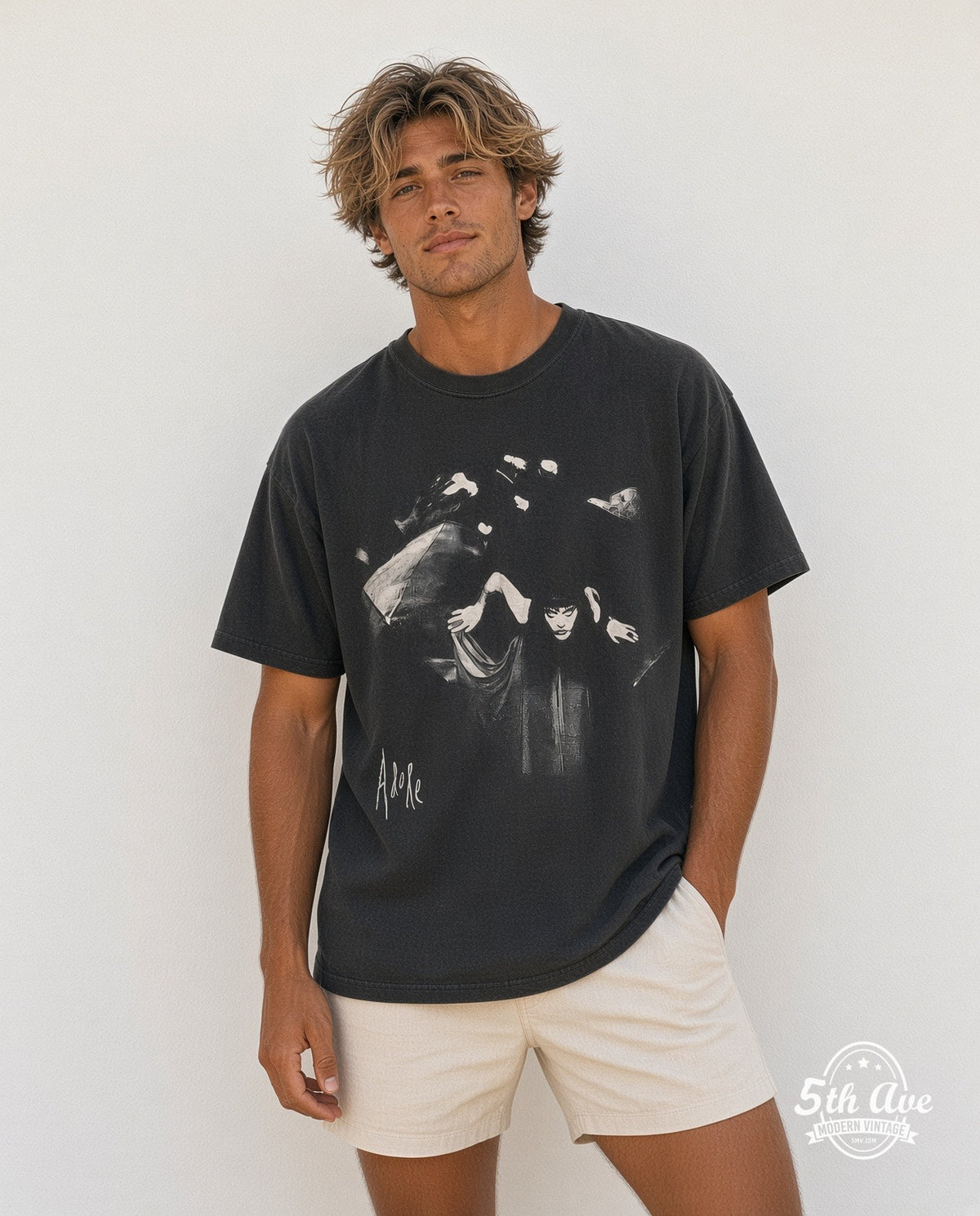 Model wearing The Smashing Pumpkins Adore vintage band t-shirt in black