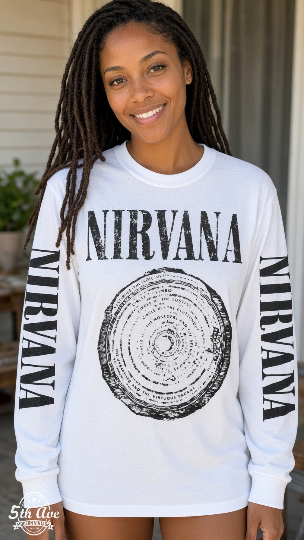 ETS LS 70 Nirvana Vestibule long sleeve vintage tee worn by a model