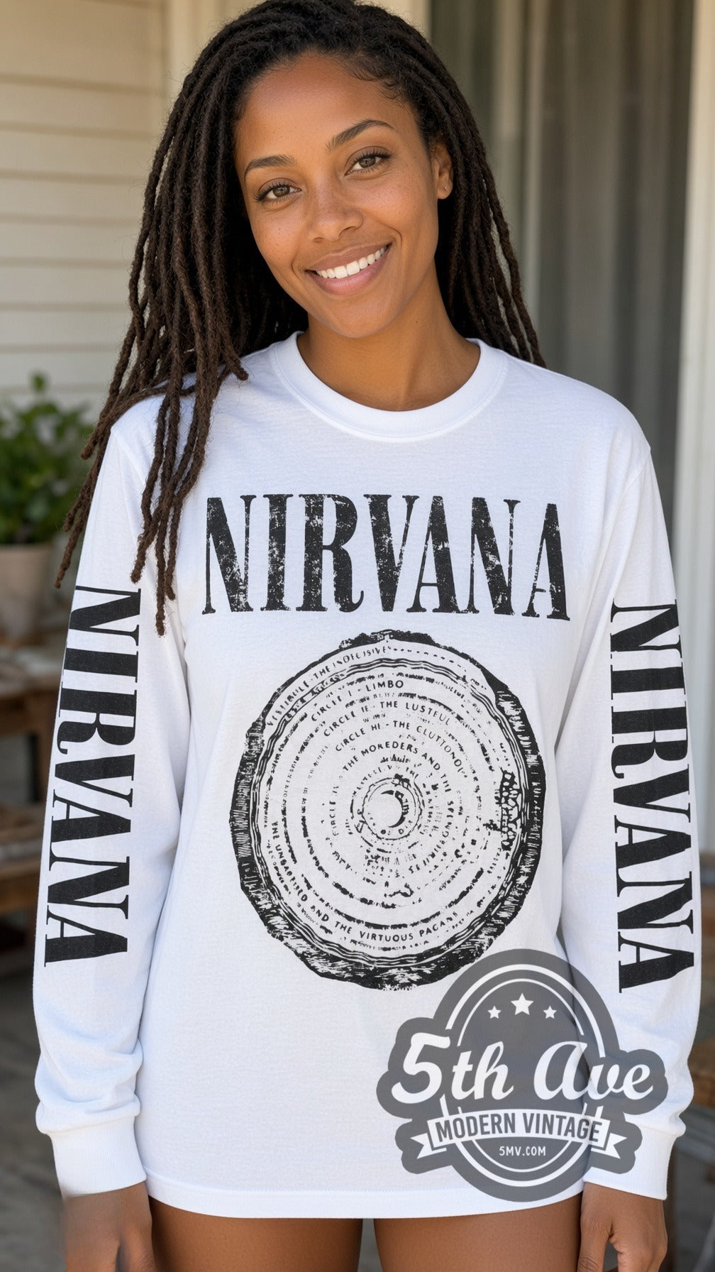 Model wearing the Nirvana Vestibule vintage band long sleeve t-shirt