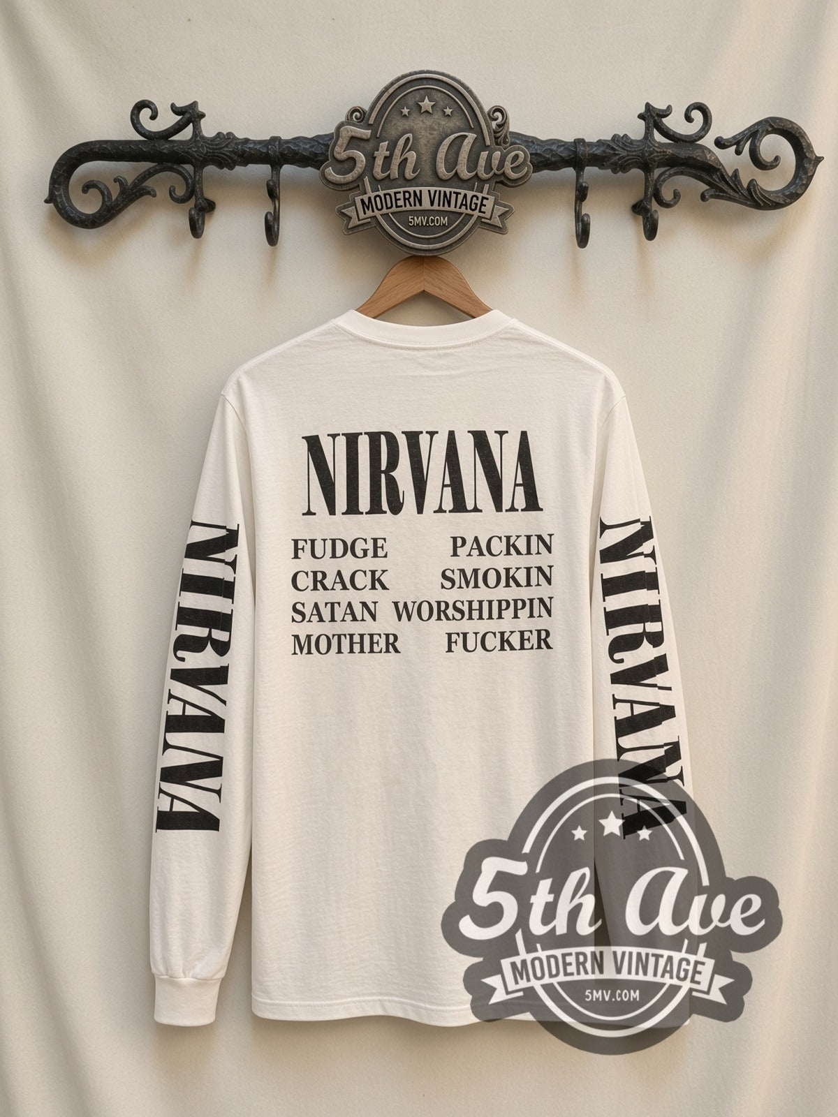 Nirvana Vestibule vintage band long sleeve t-shirt, back view on a display rack
