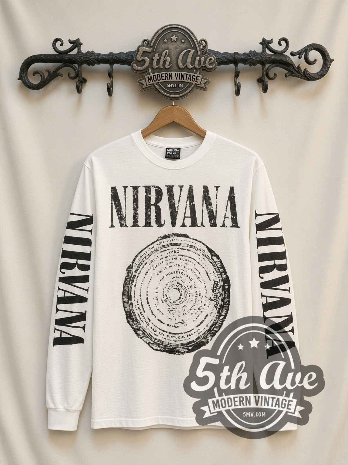 Nirvana Vestibule vintage band long sleeve t-shirt, front view on a display rack