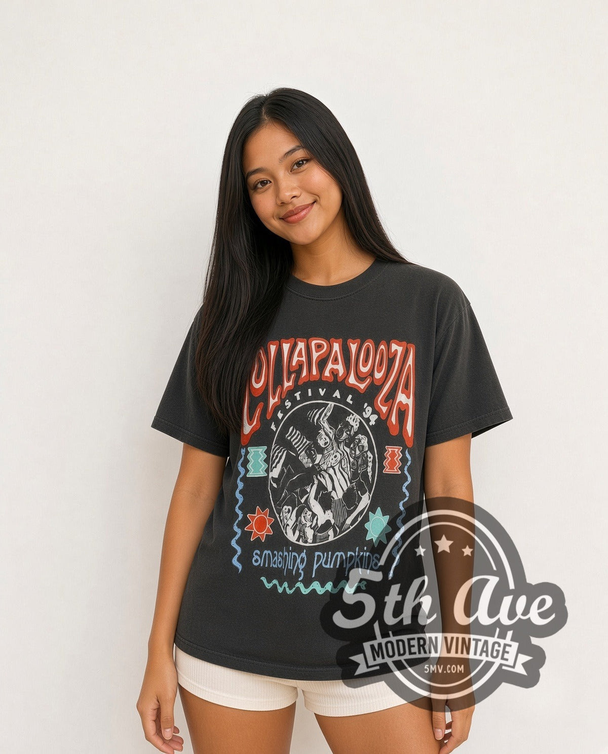 Model wearing The Smashing Pumpkins Lollapalooza Tour 1994 vintage band t-shirt in black