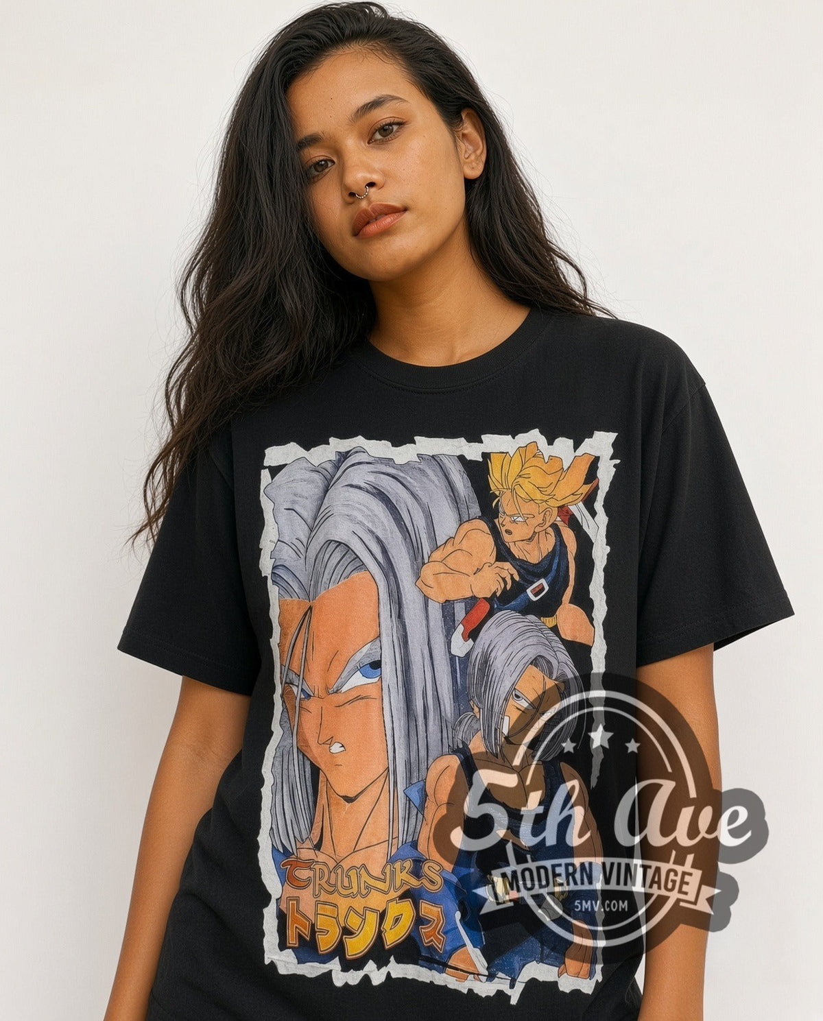 Model wearing the Dragon Ball Z Future Trunks all-over-print vintage anime t-shirt