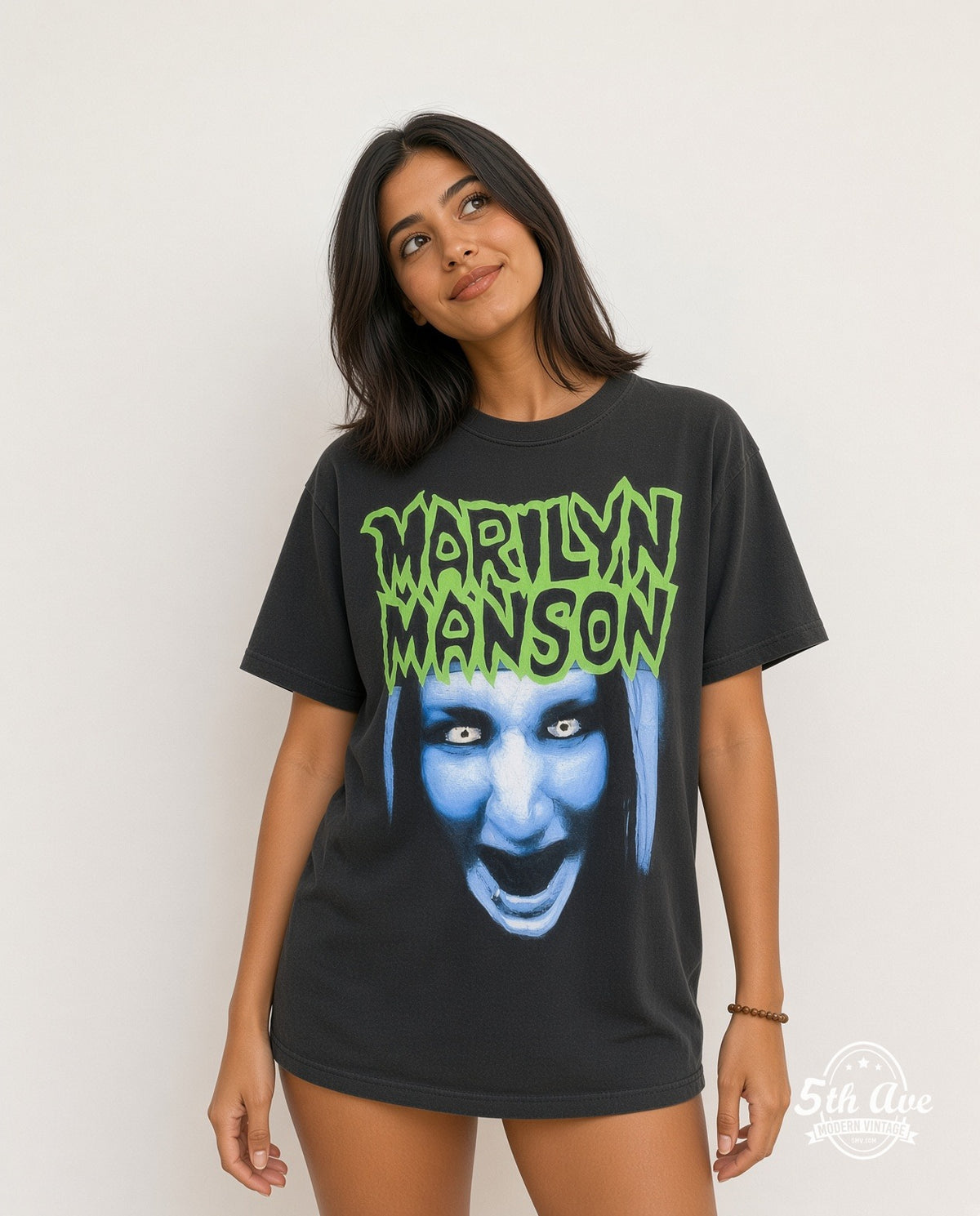 Model wearing the Marilyn Manson Rock N Roll Nigger Lyrics vintage band t-shirt in black