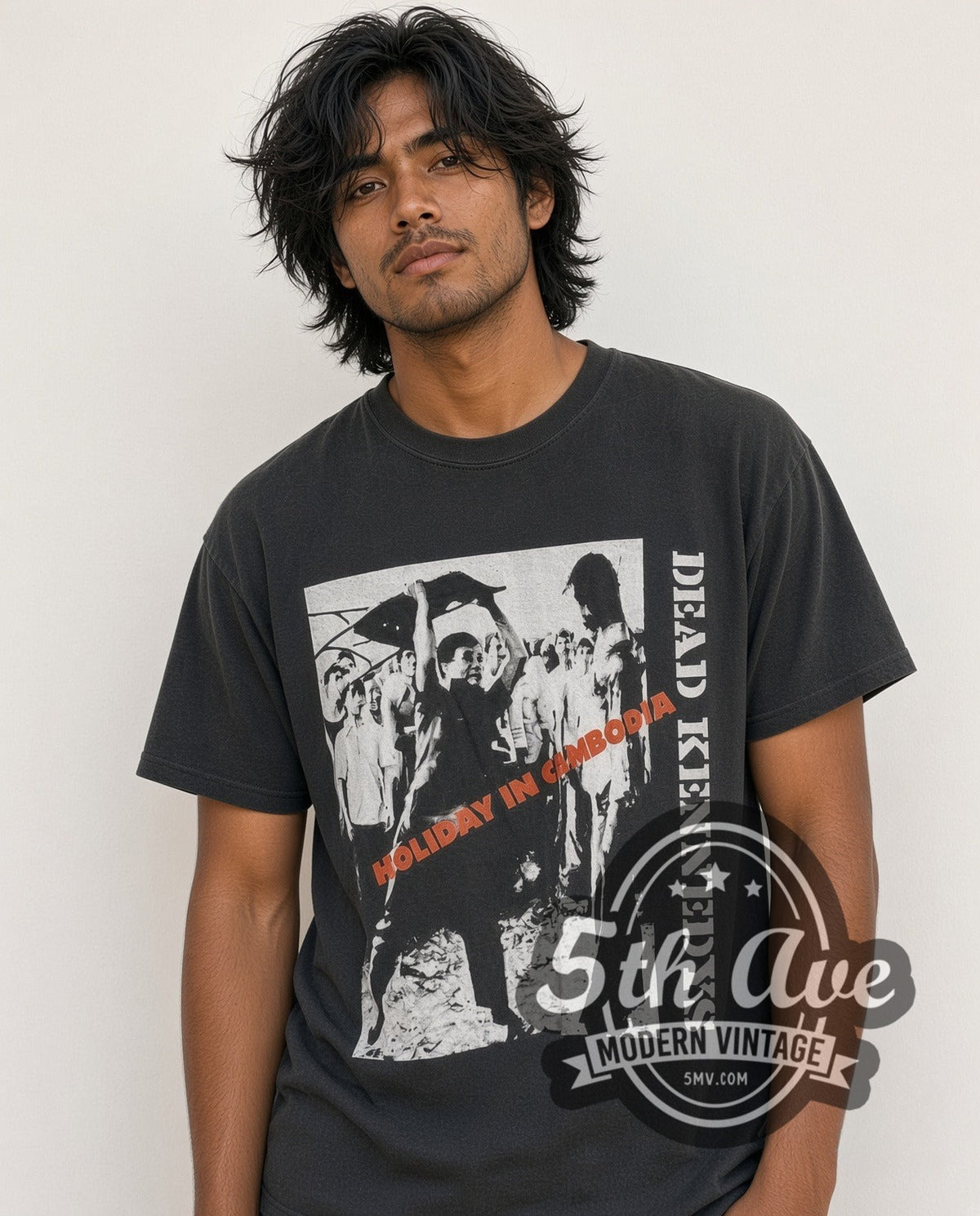 Model wearing the Dead Kennedys Holiday in Cambodia vintage band t-shirt in black