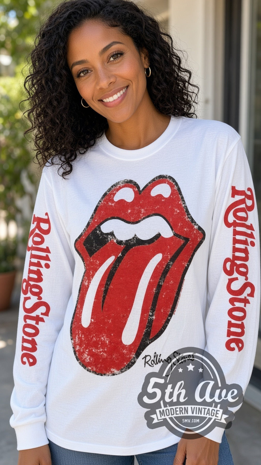 Model wearing The Rolling Stones Red Tongue vintage band long sleeve t-shirt