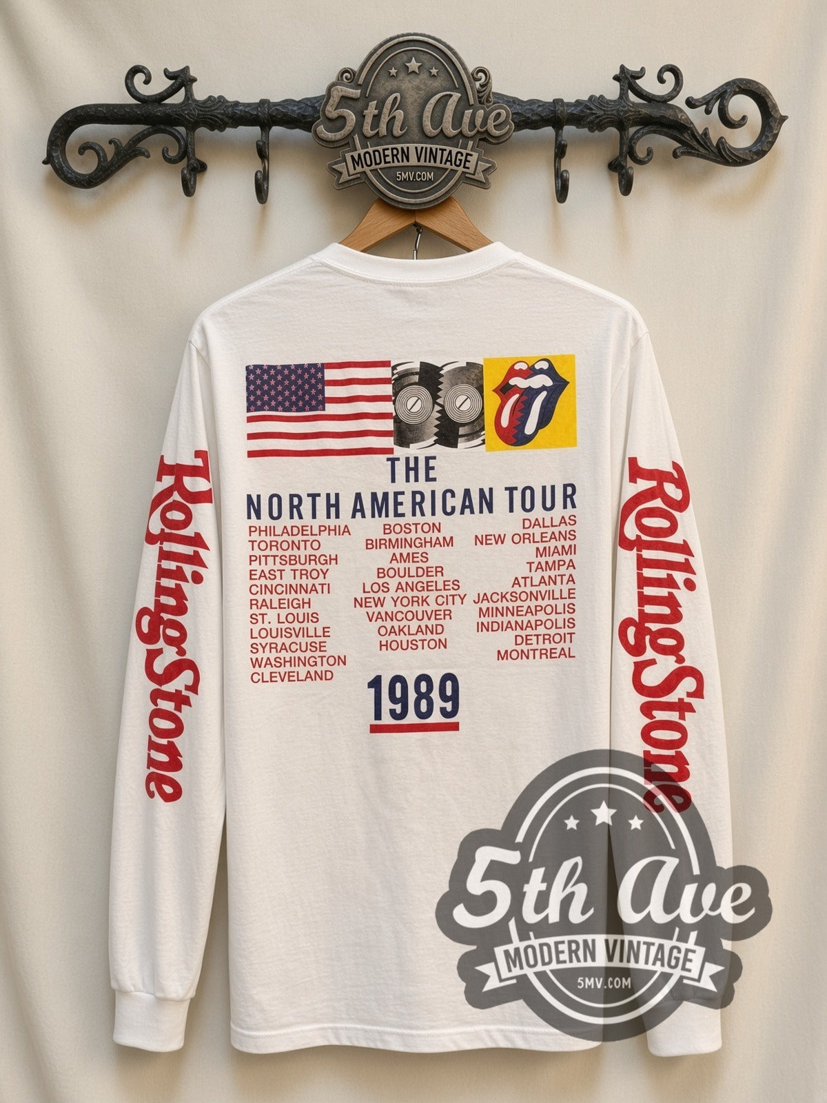 The Rolling Stones Red Tongue vintage band long sleeve t-shirt, back view on a display rack