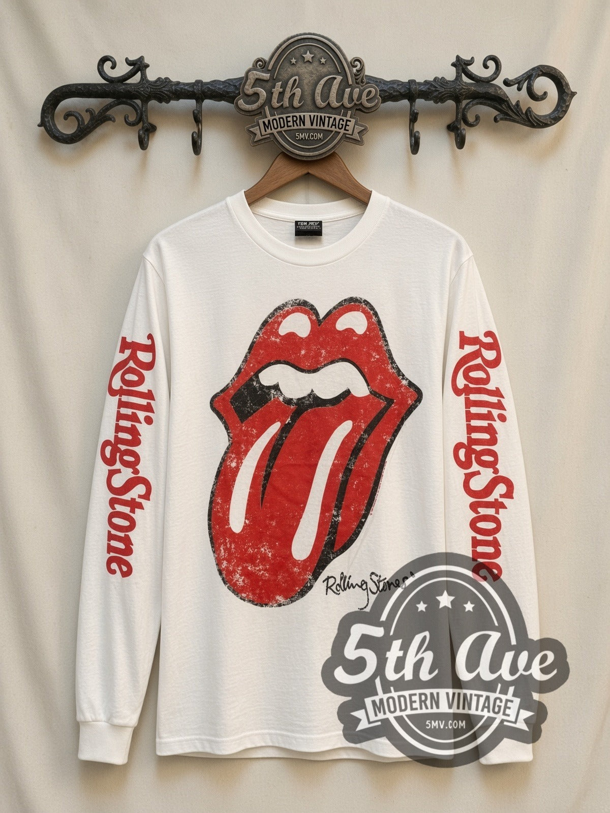 The Rolling Stones Red Tongue vintage band long sleeve t-shirt, front view on a display rack