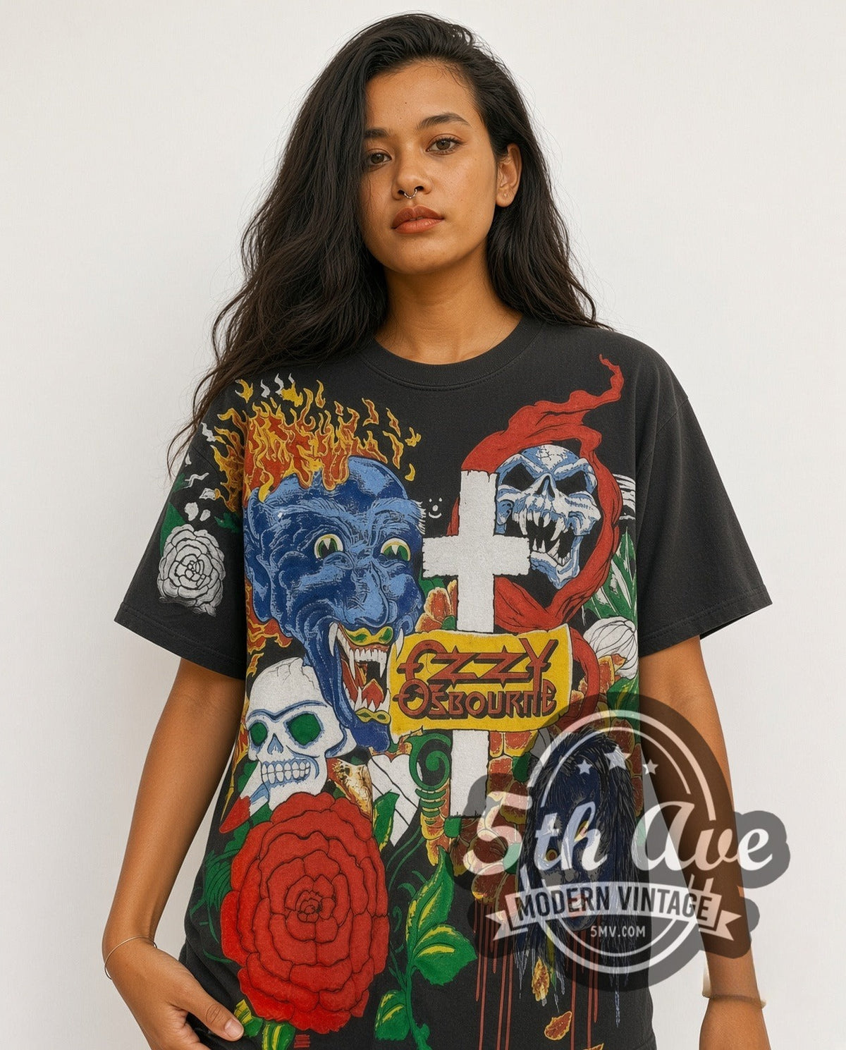Model wearing the Ozzy Osbourne Tattoo all-over-print vintage band t-shirt in black